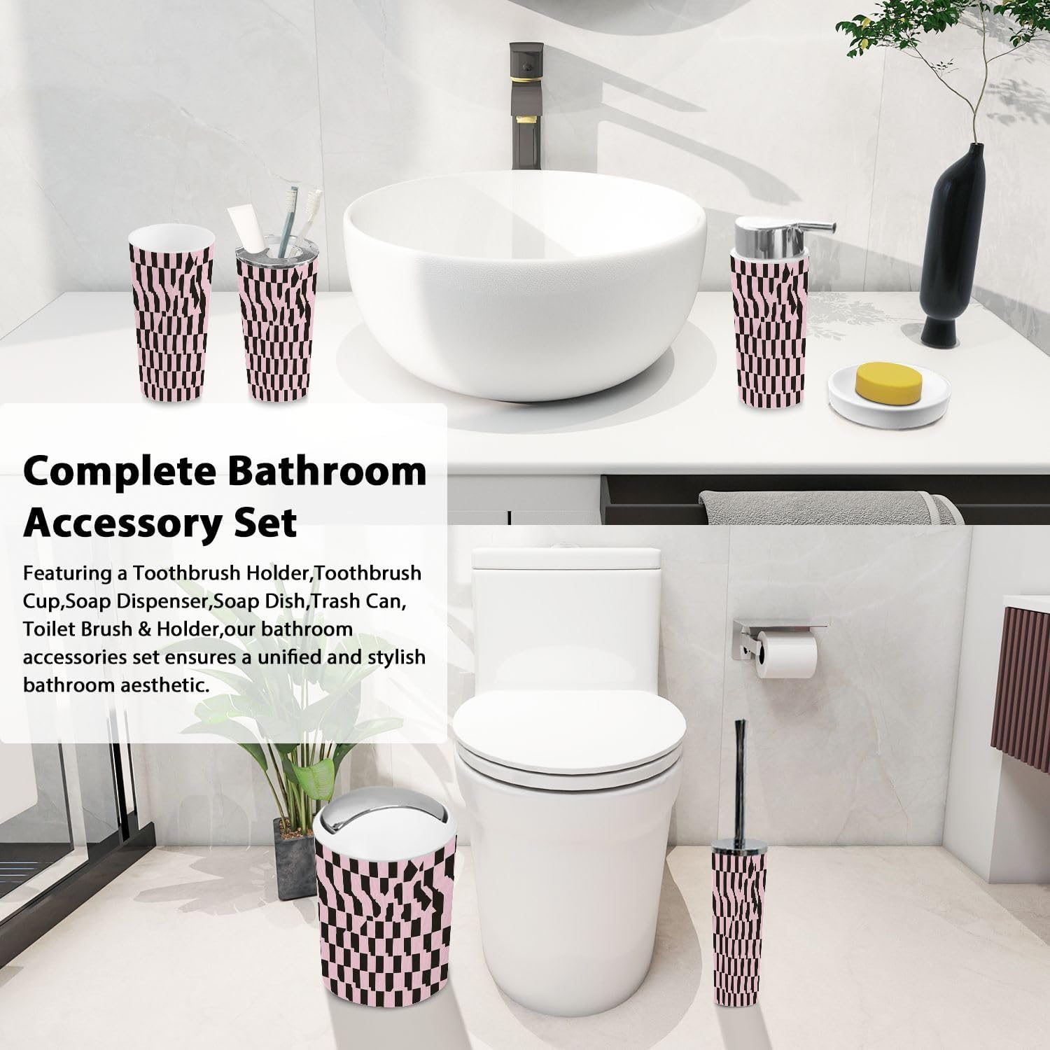 Boho Houndstooth Bathroom Accessories Set 6 Piece