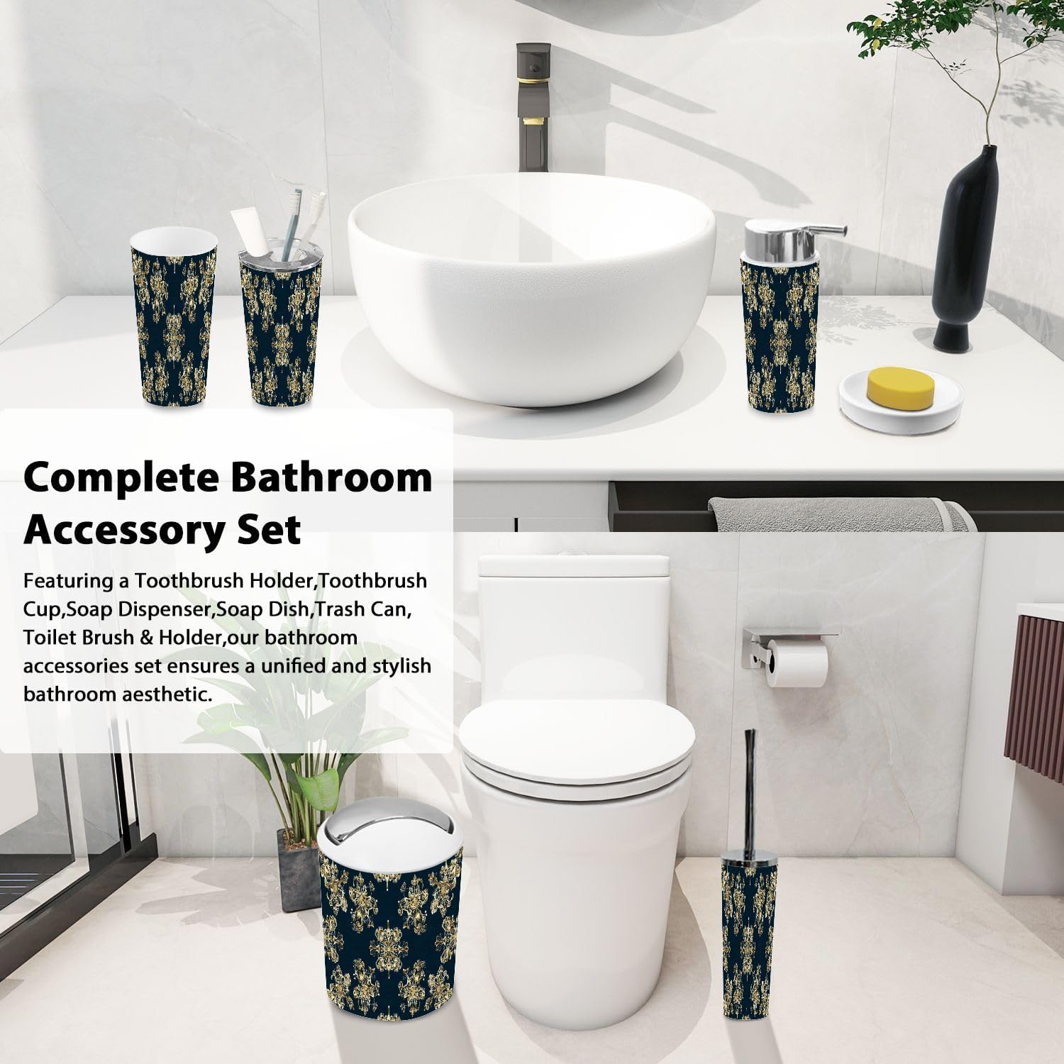 Boho Bathroom Accessory Set 6 Piece Modern Damask Pattern