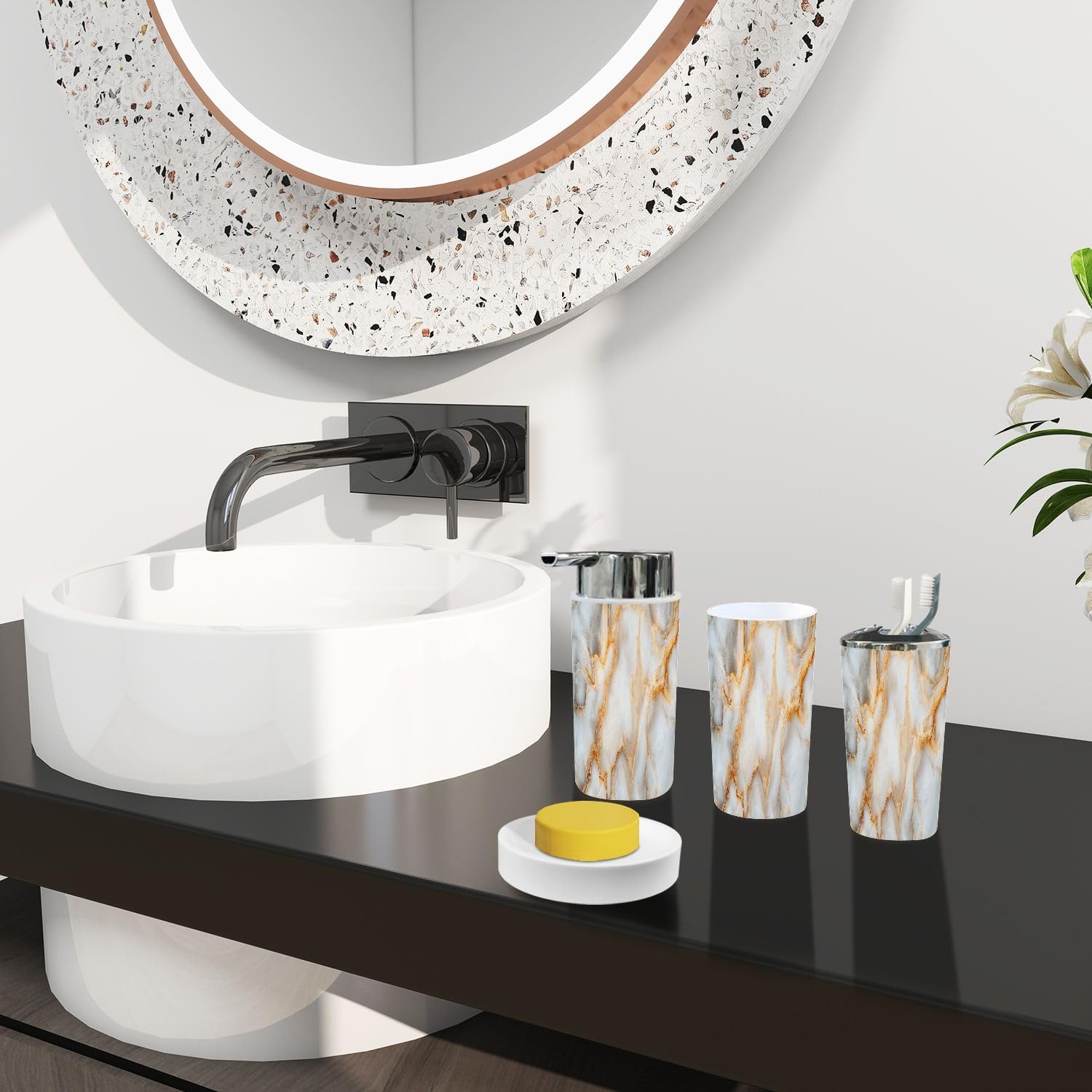Boho White Marble Bathroom Accessory Set 6 Piece 1