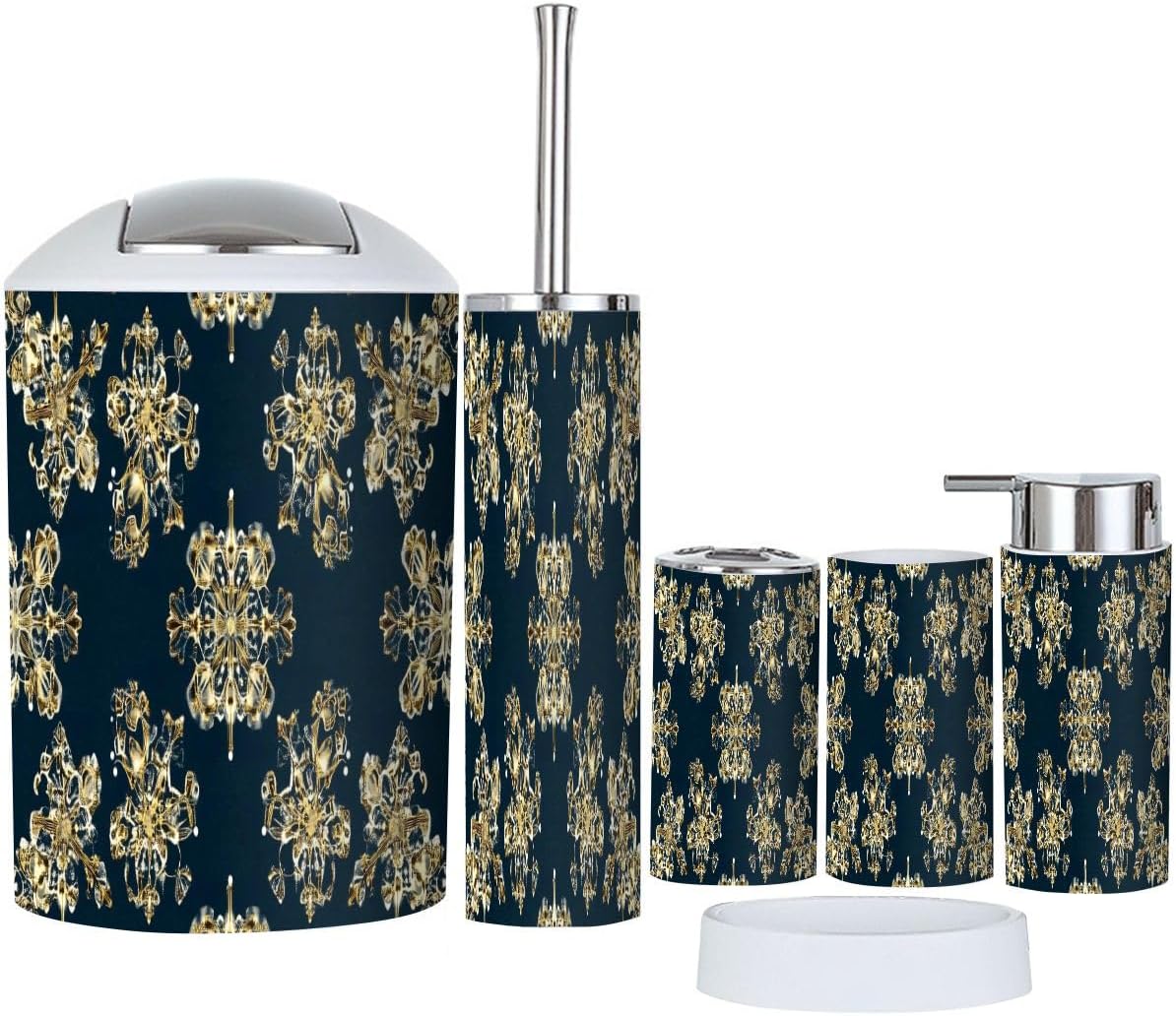 Boho Bathroom Accessory Set 6 Piece Modern Damask Pattern