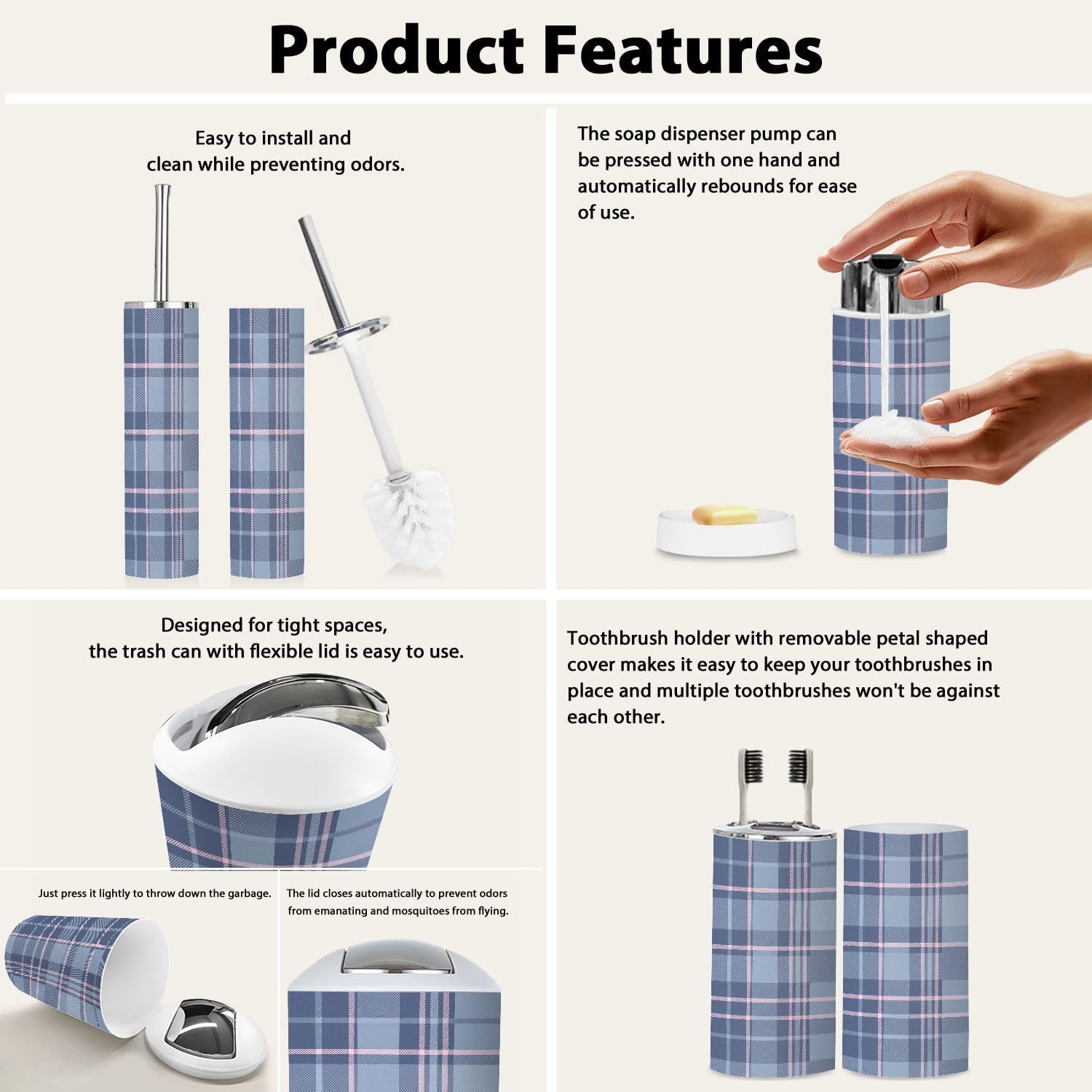 Boho Plaid Bathroom Accessories Set of 6