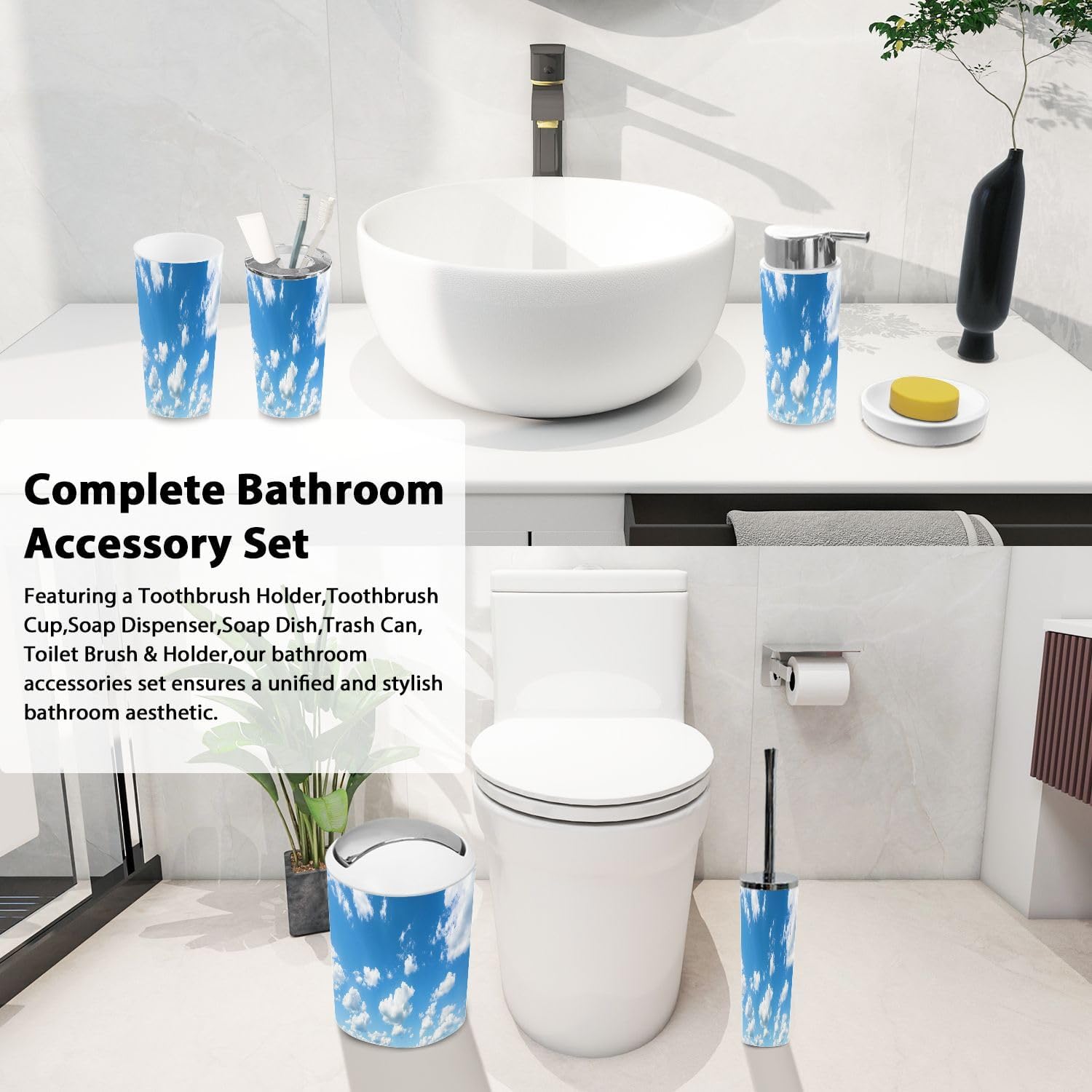 Boho Blue Sky 6-Piece Bathroom Accessory Set 1