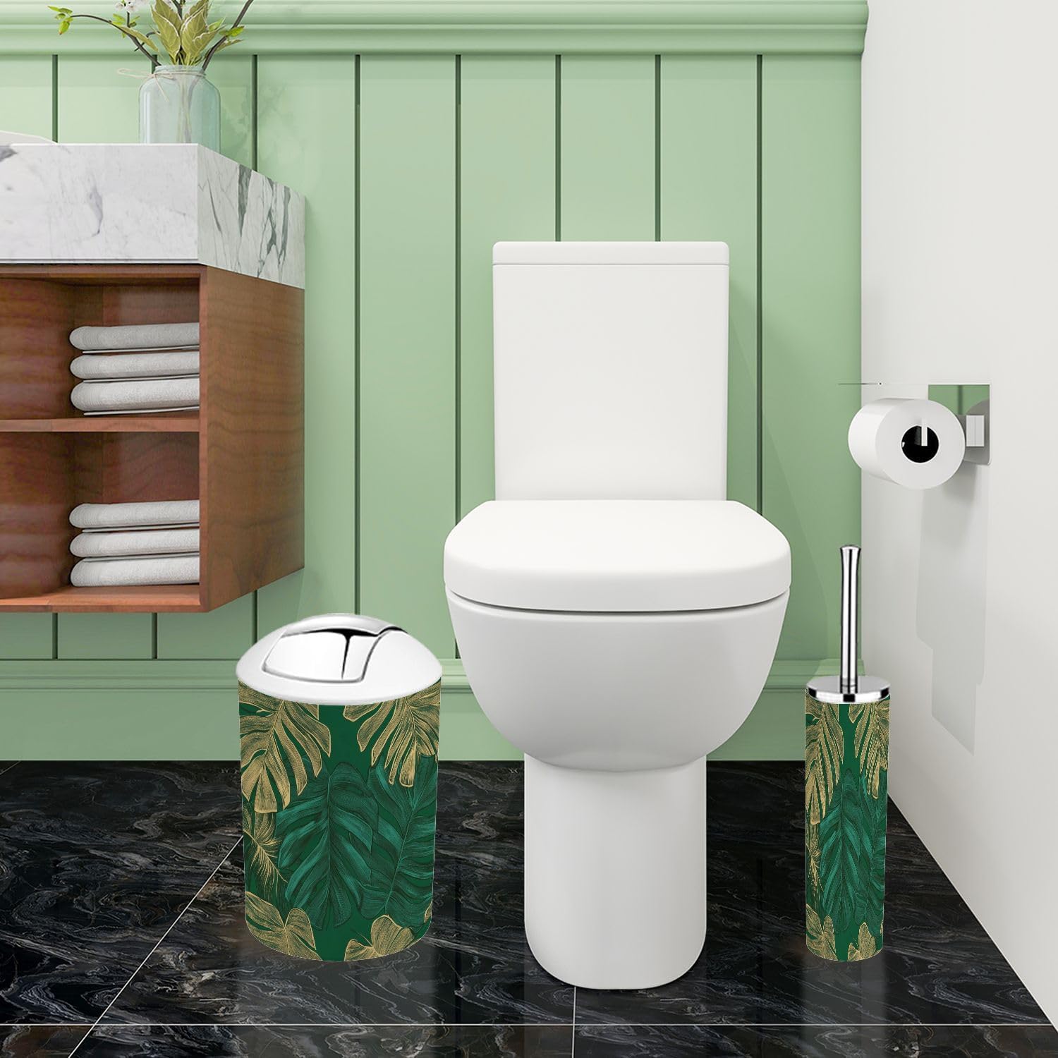 Boho Green Tropical Bathroom Accessory Set 6 Piece 1
