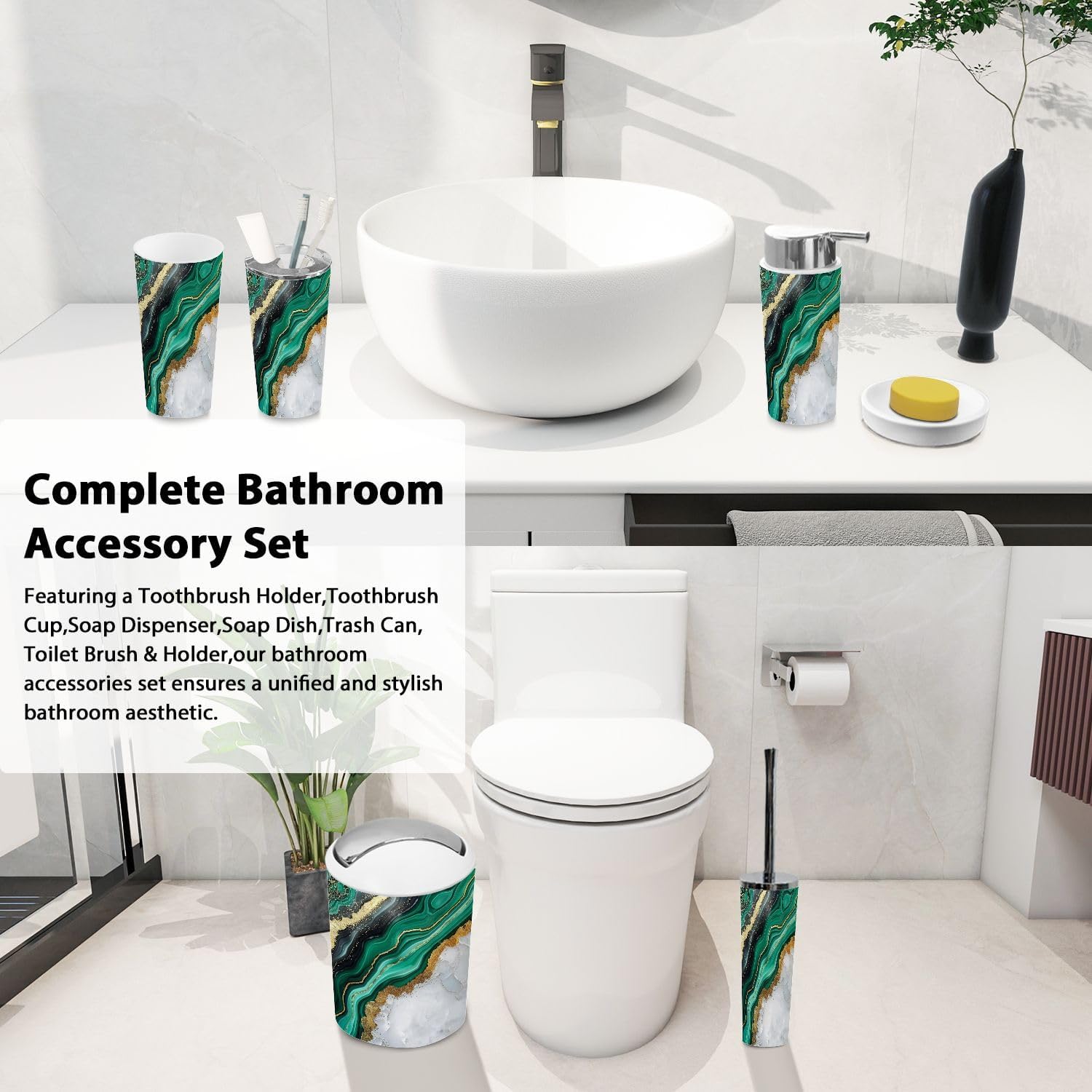 Boho Bathroom Accessory Set 6 Piece in White Marble and Green Agate