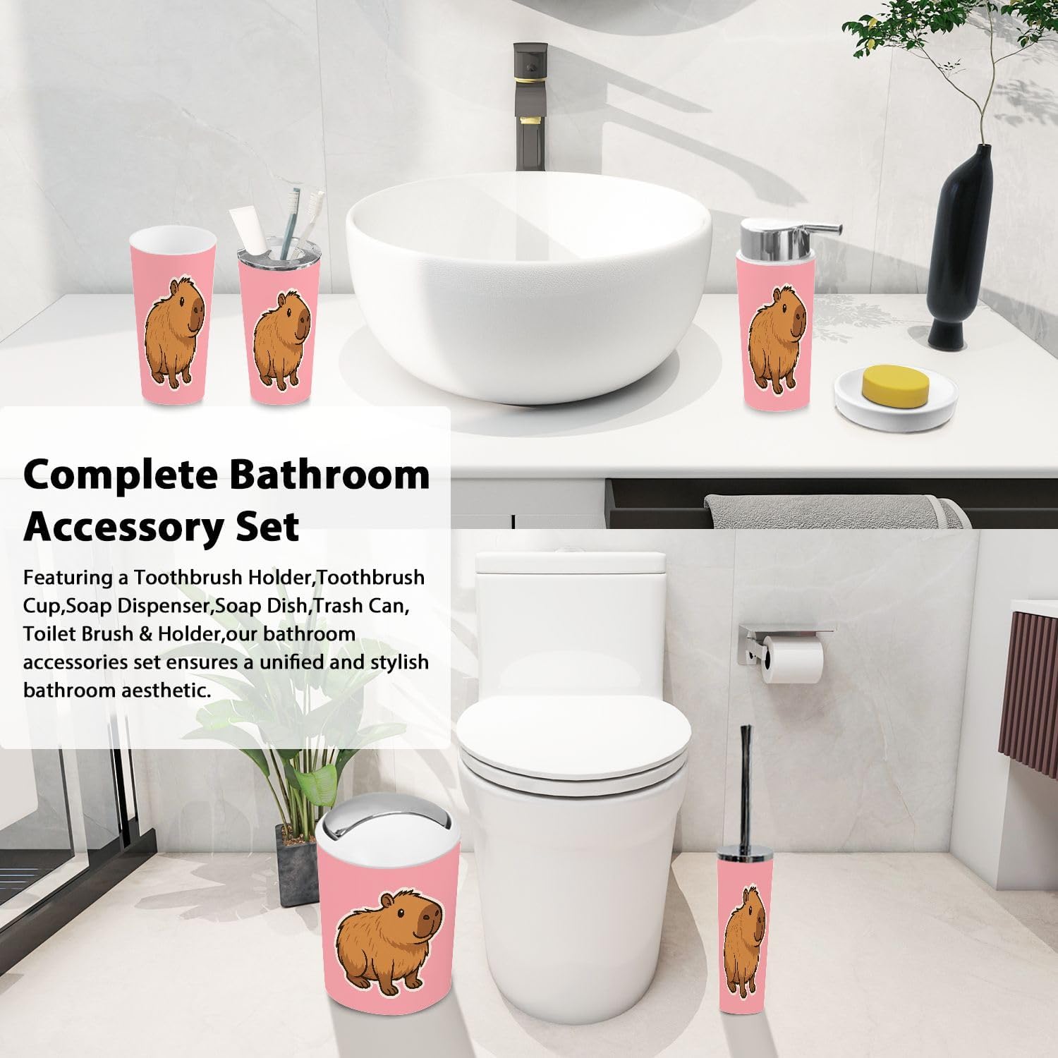 Boho Cartoon Capybara Bathroom Accessories Set 6 Piece