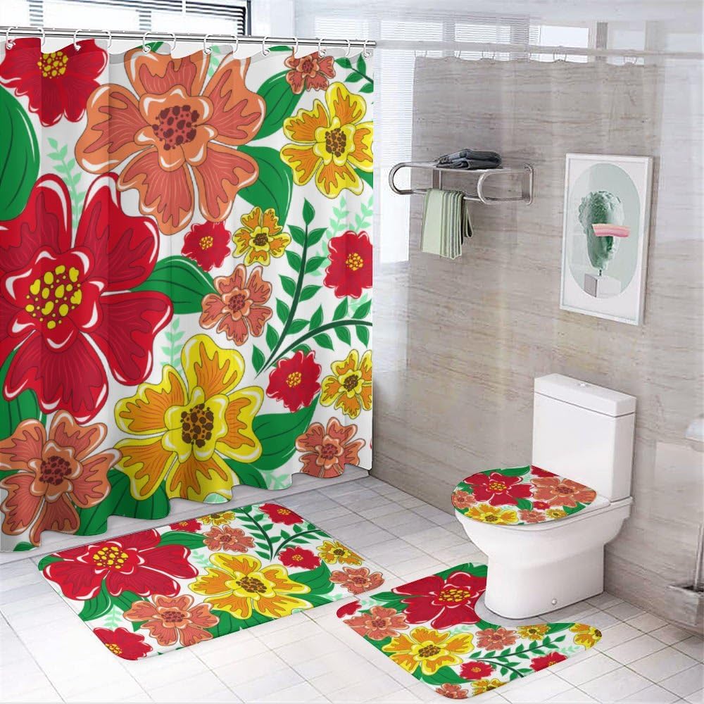 Kuizee 4-Piece Floral Shower Curtain Set with Non-Slip Rugs 1