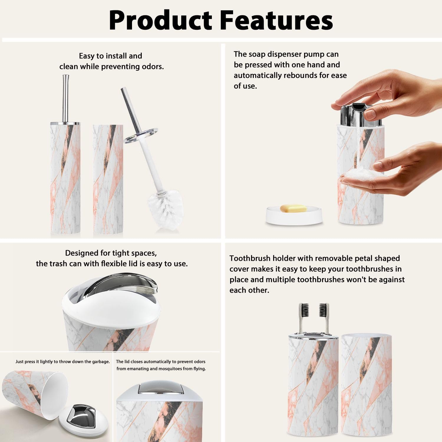 Boho Rose Gold Marble Bathroom Accessories Set 6 Piece 1