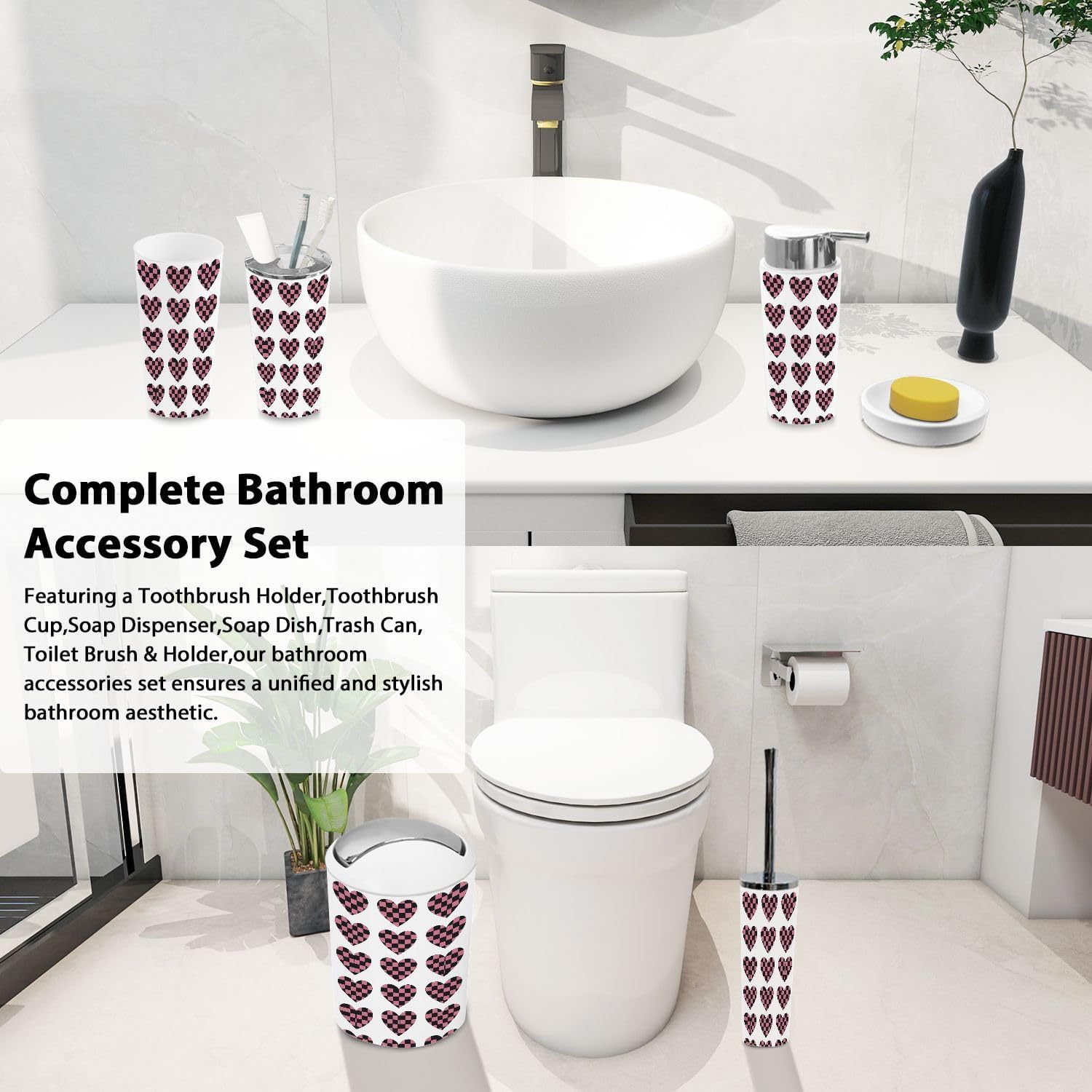 Boho Bathroom Accessory Set 6 Piece White and Pink