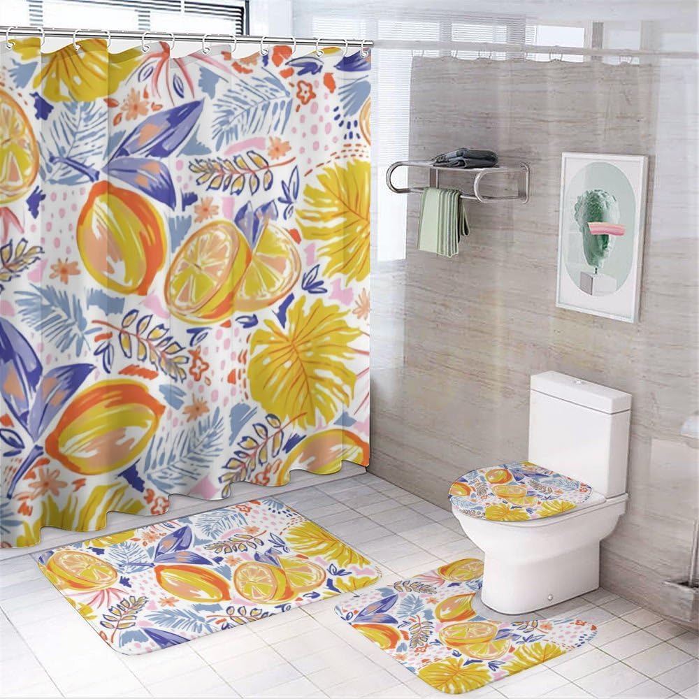 Kuizee 4-Piece Shower Curtain Set with Rugs - Summer Fruits Lemon Pattern