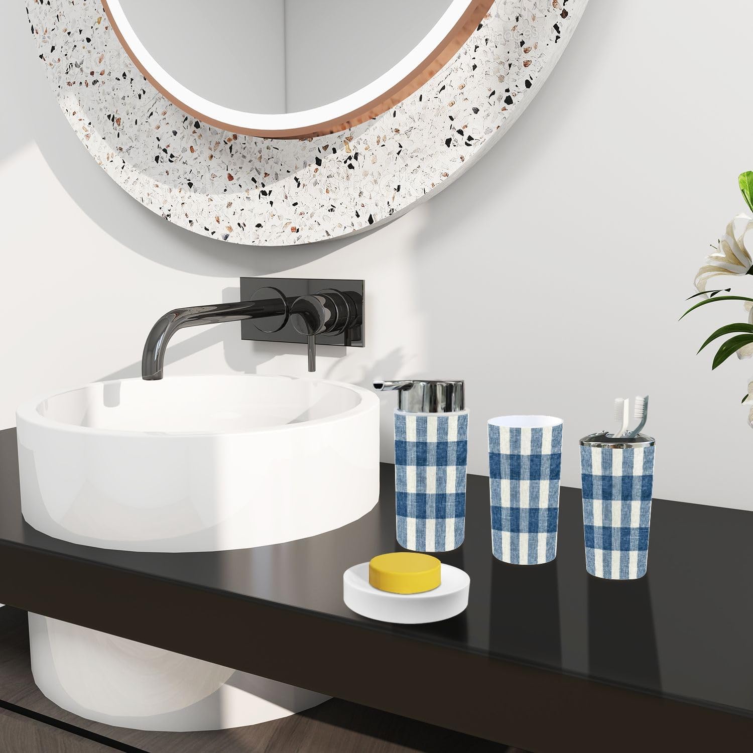 Boho Bathroom Accessory Set 6 Piece Blue Gingham 1