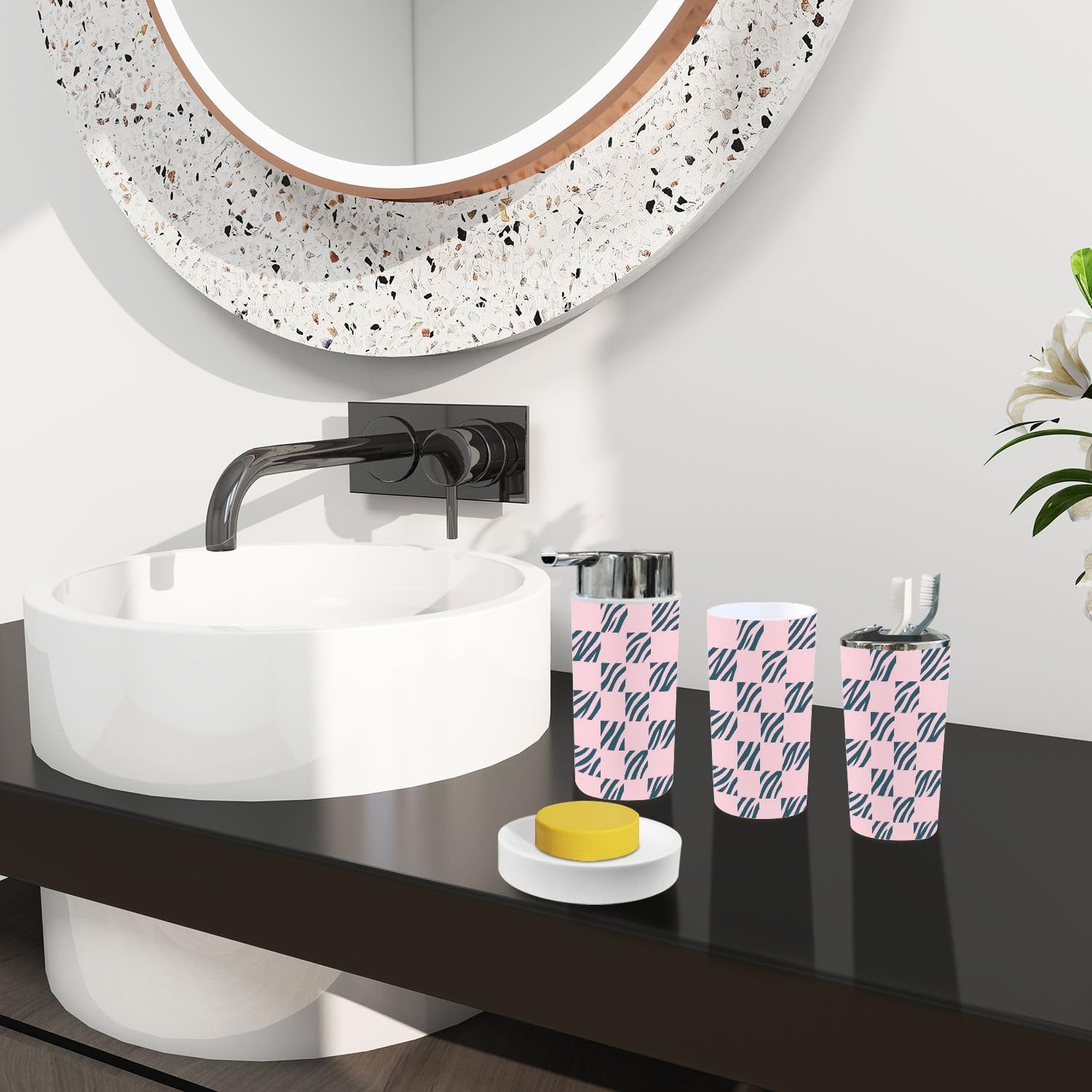 Boho Pink Checkered Bathroom Accessory Set of 6