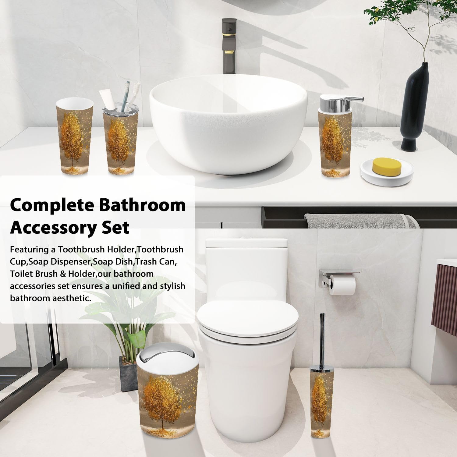 Boho Golden Lone Tree Bathroom Accessories Set 6 Piece