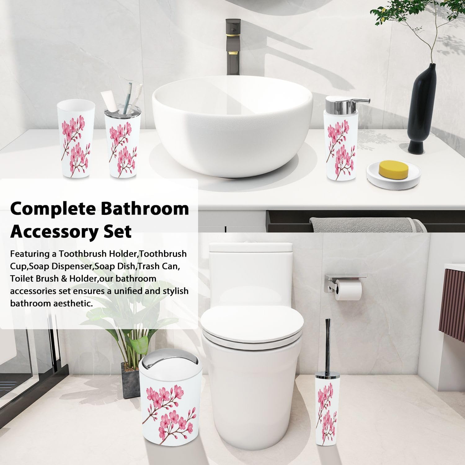 Boho Cherry Blossom Bathroom Accessory Set 6 Piece 1
