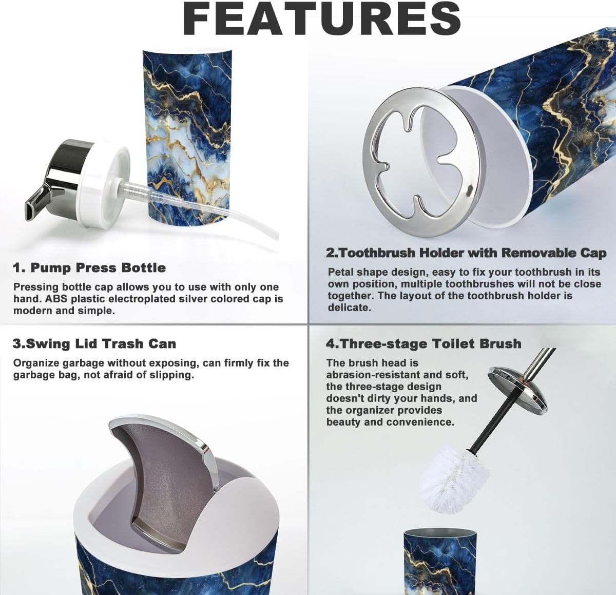 Modern 6-Piece Bathroom Accessory Set with Abstract Marble Design