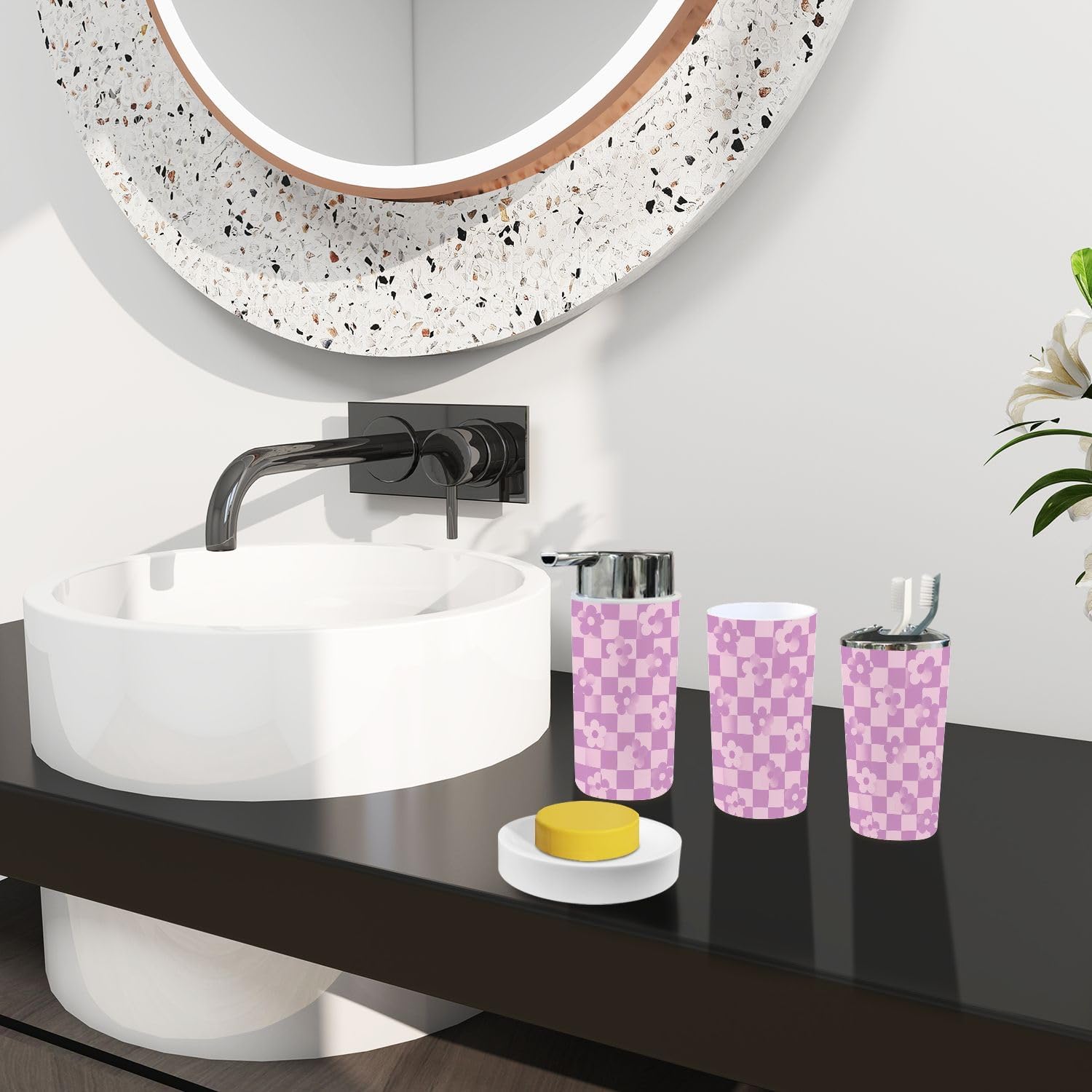 Boho Checkerboard Bathroom Accessory Set 6 Piece
