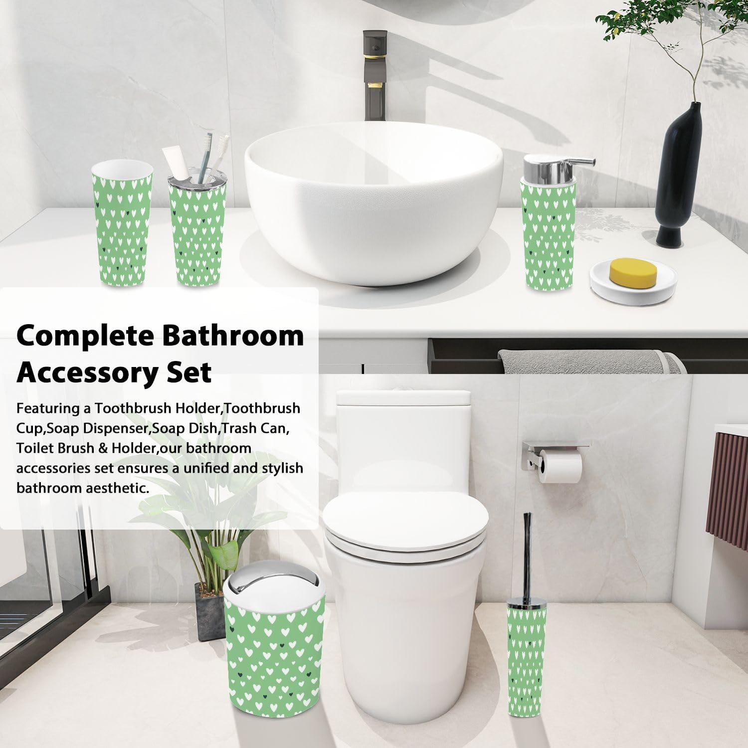 Boho White Heart Bathroom Accessory Set 6 Piece 1