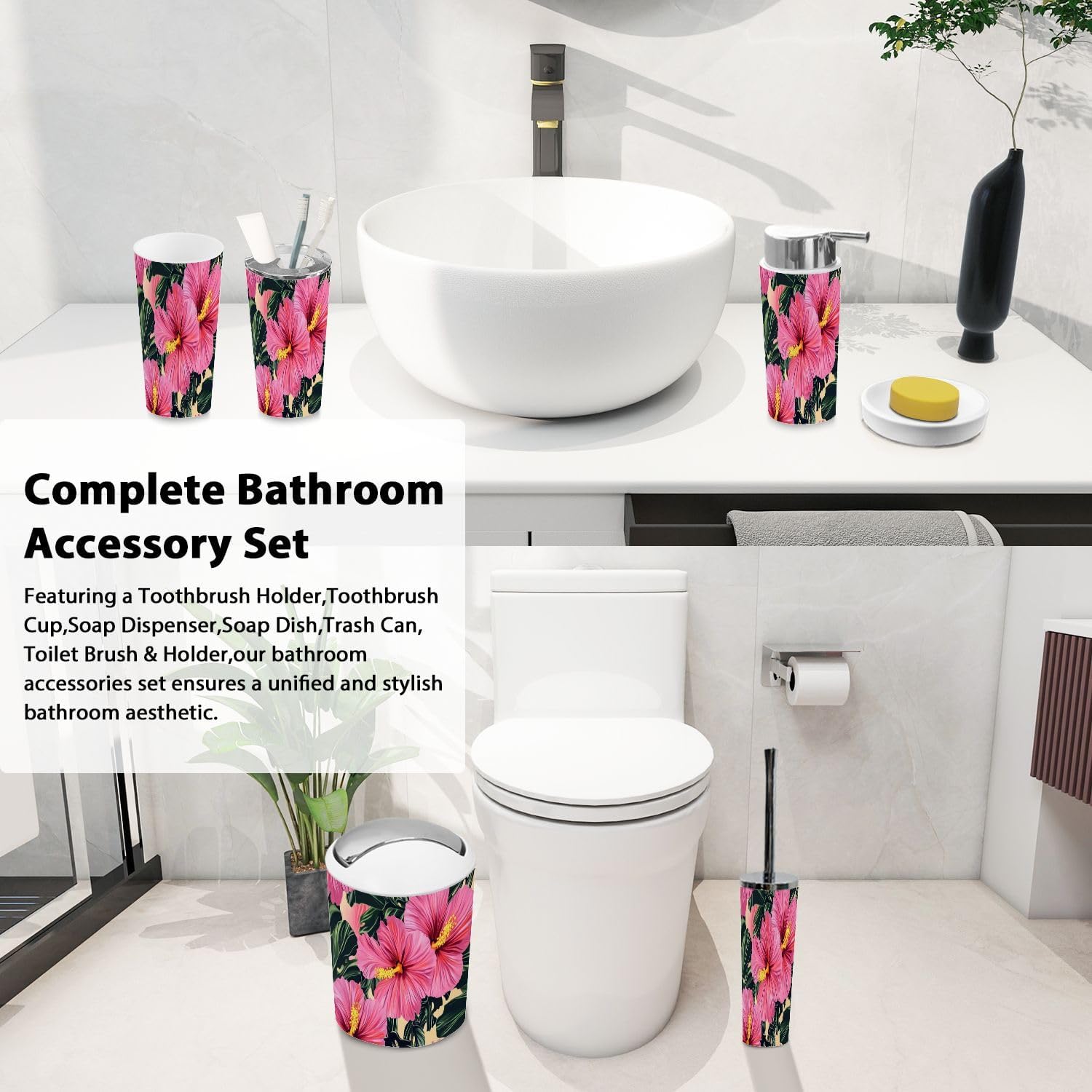 Bathroom Accessory Set 6 Piece Boho Tropical Pattern