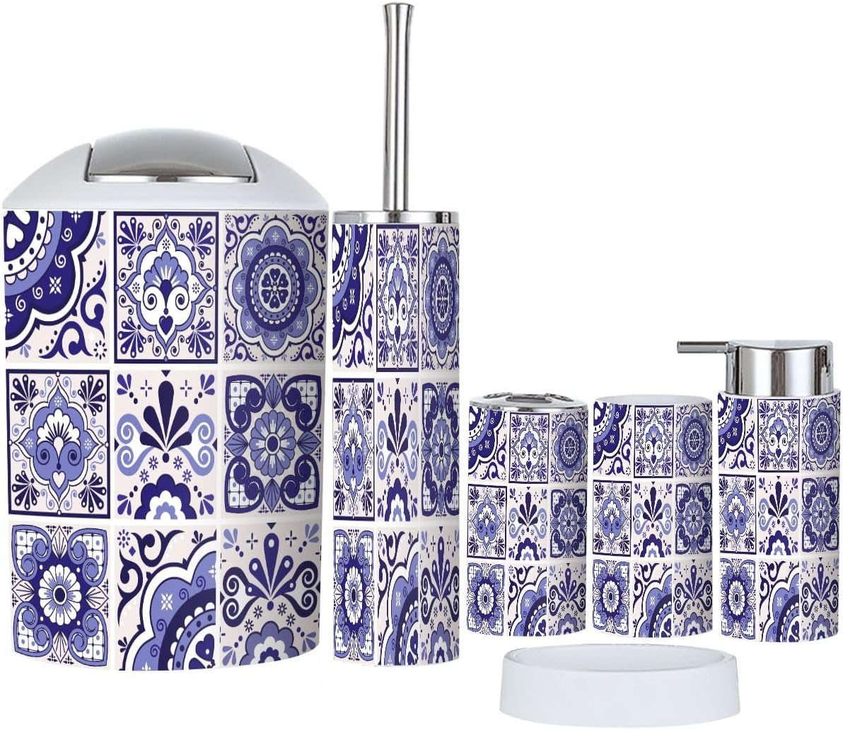 Navy Blue Talavera Tiles Bathroom Accessory Set 6 Piece