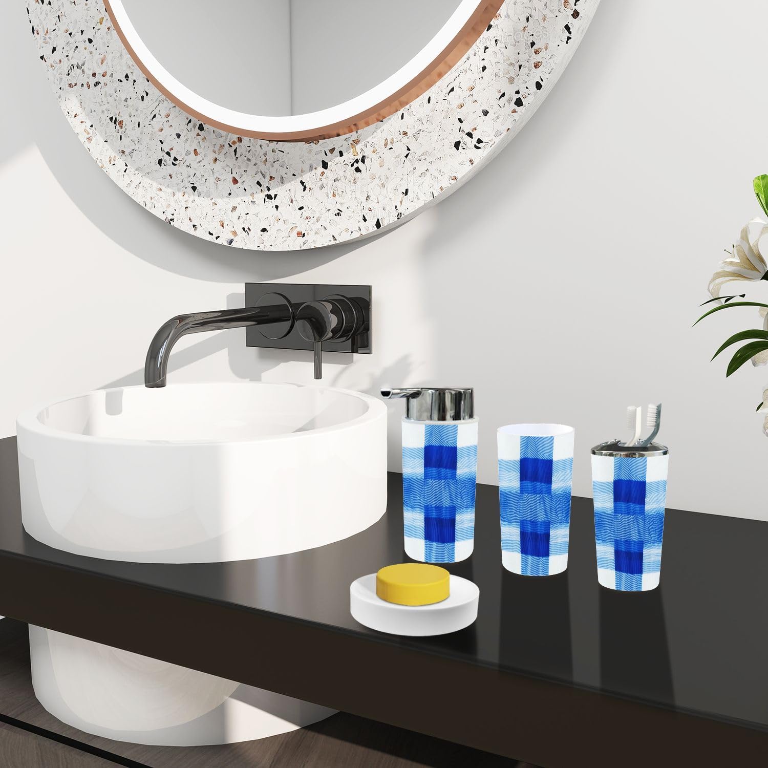 Boho Check Plaid Bathroom Accessory Set of 6