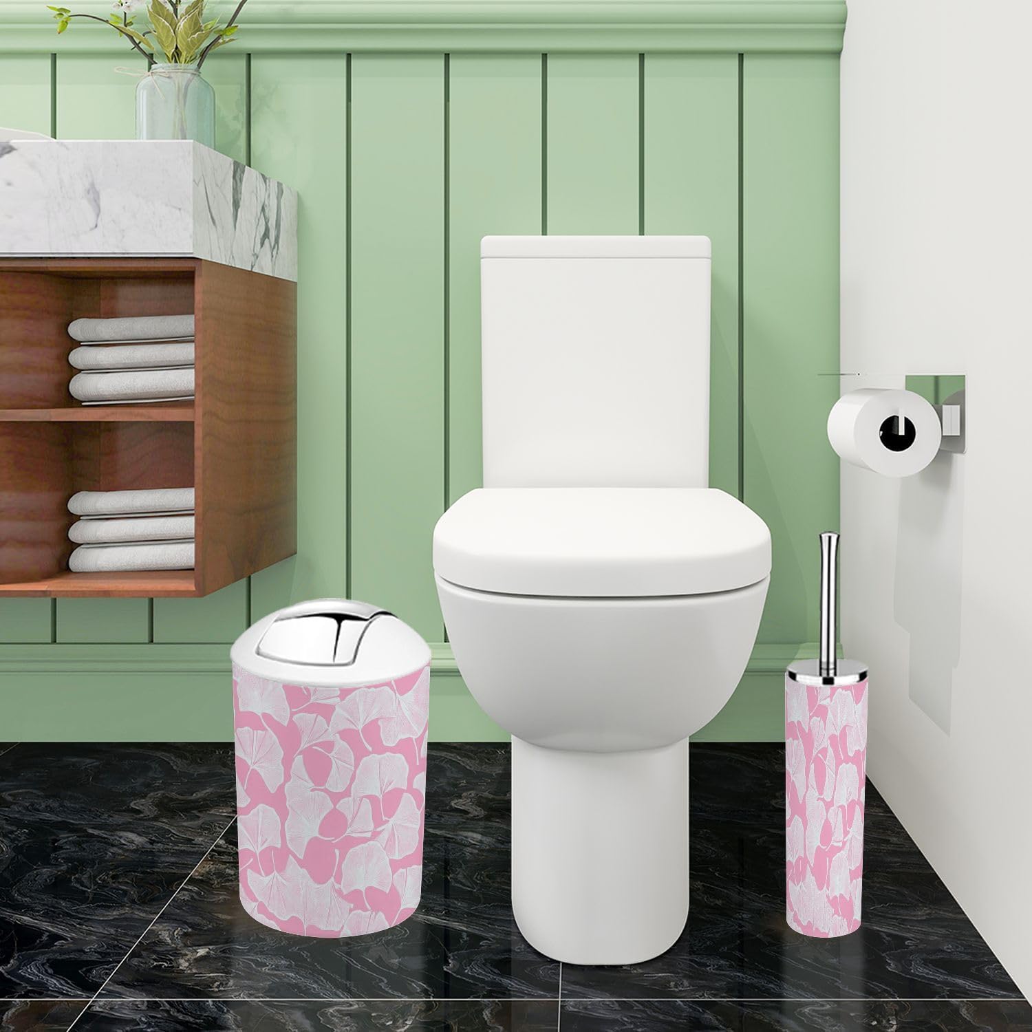 Boho Bathroom Accessory Set 6 Piece White Ginkgo Leaves