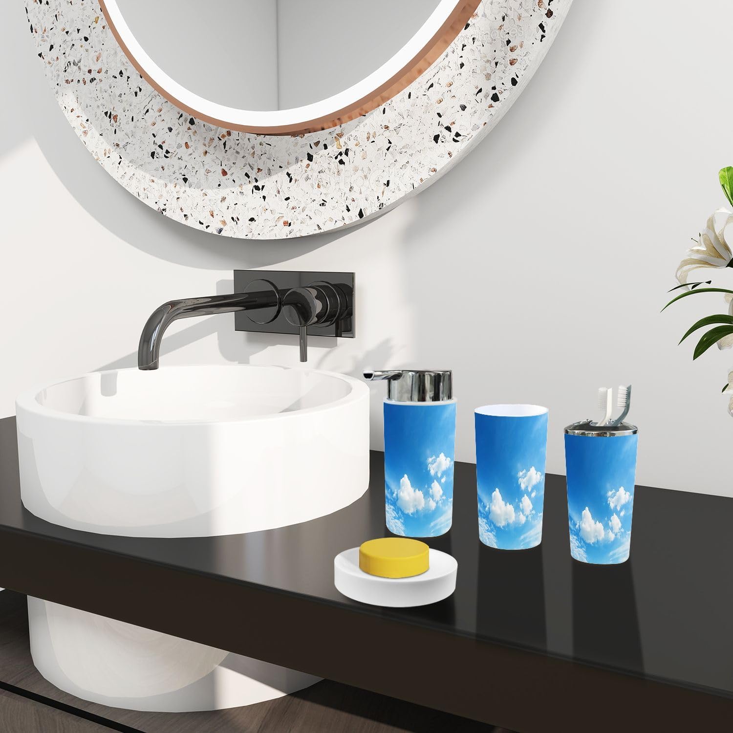 Boho Blue Sky Trash Can and Bathroom Accessories Set