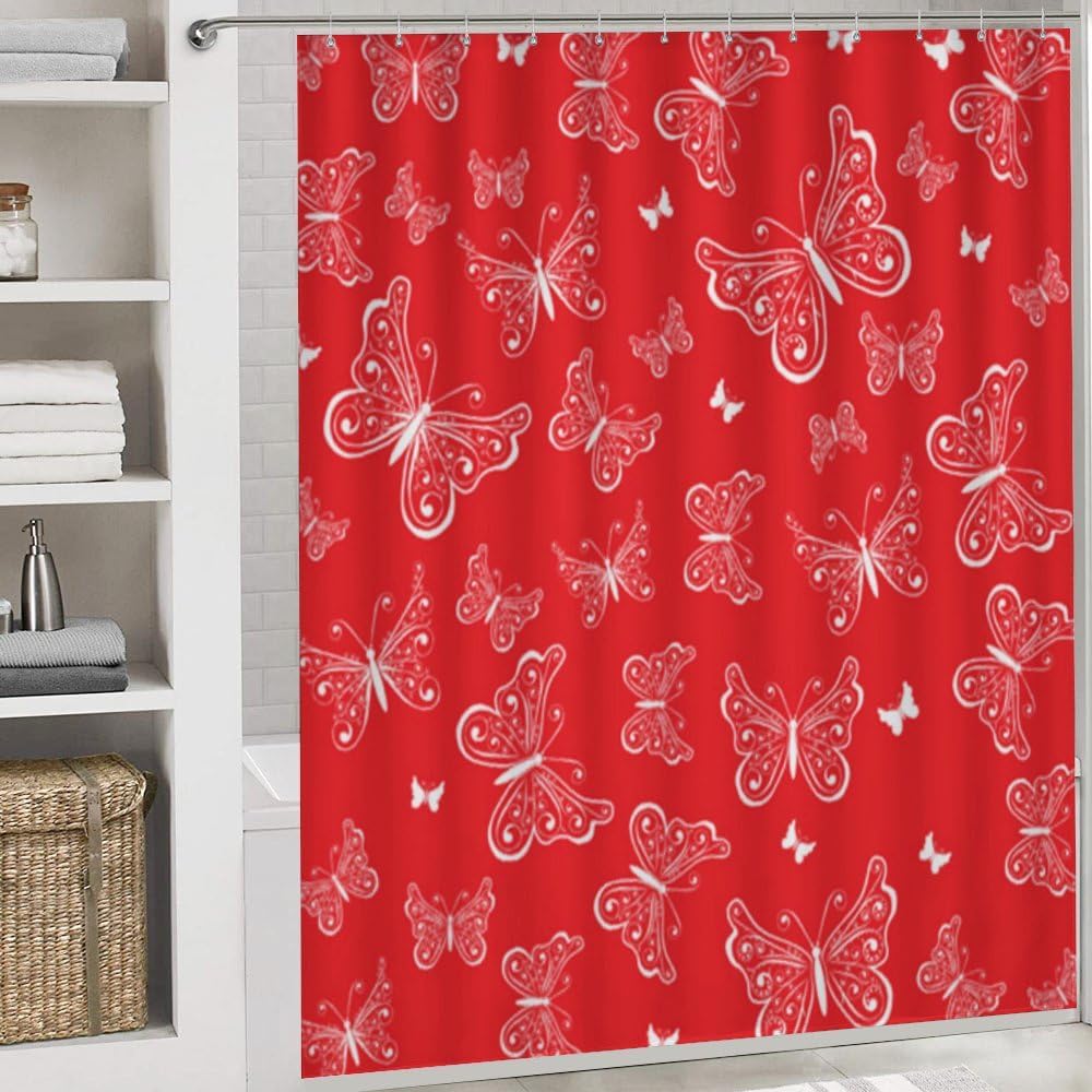 Kuizee 4 Piece Red Butterfly Shower Curtain Set with Non-Slip Rugs