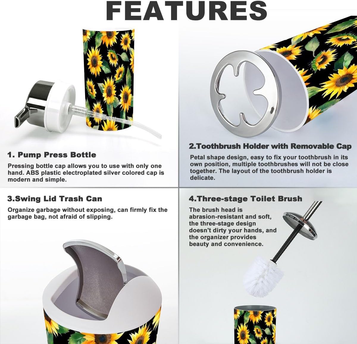 6 Piece Black Floral Bathroom Accessory Set