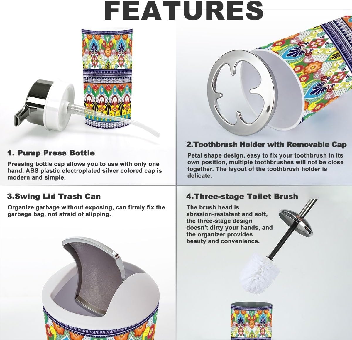 6 Piece Boho Bathroom Accessory Set with Talavera Decor