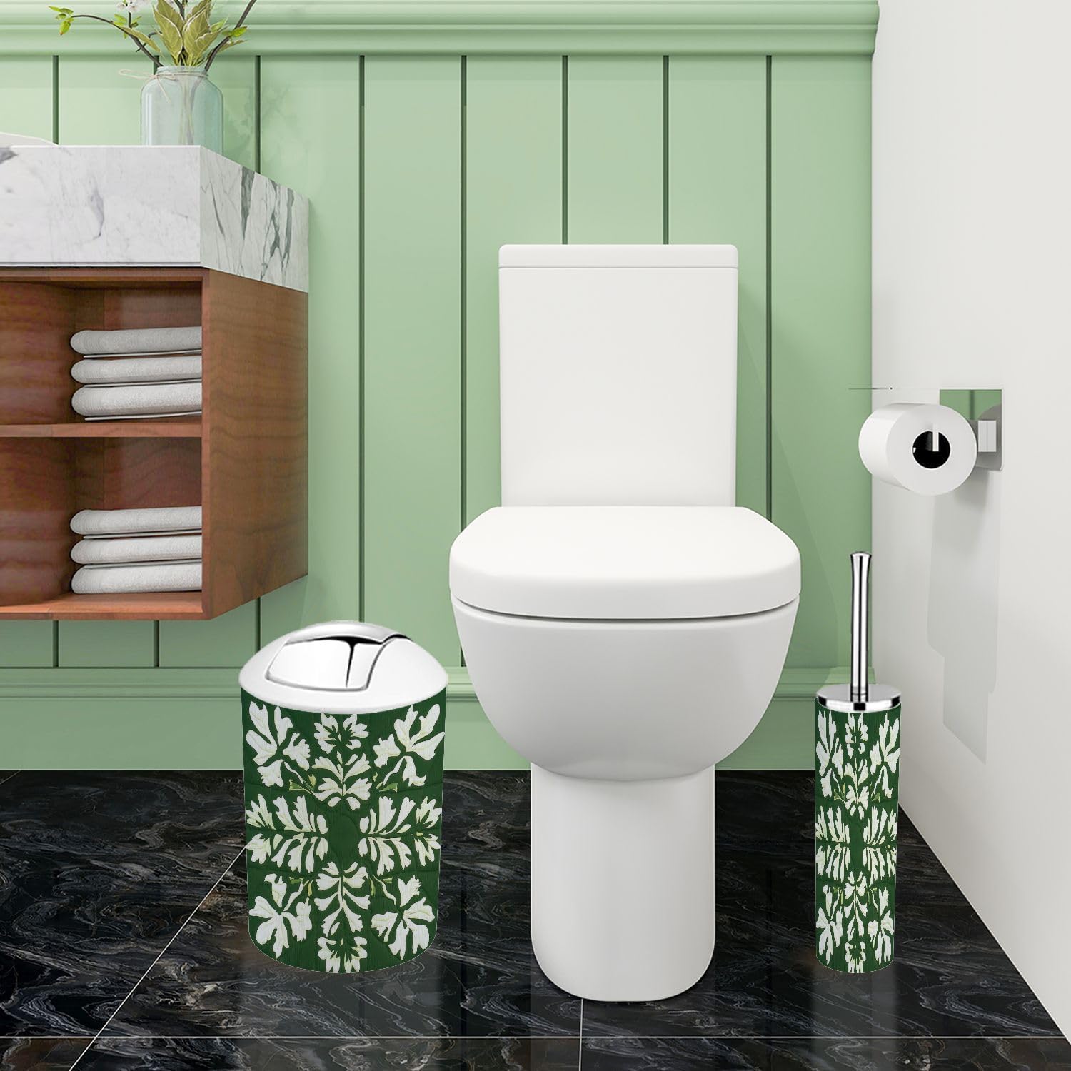 Boho Bathroom Accessory Set 6 Piece Quilt Green