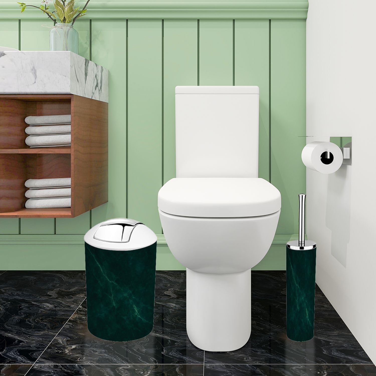 Boho Dark Green Marble Texture Bathroom Accessory Set 6 Pieces