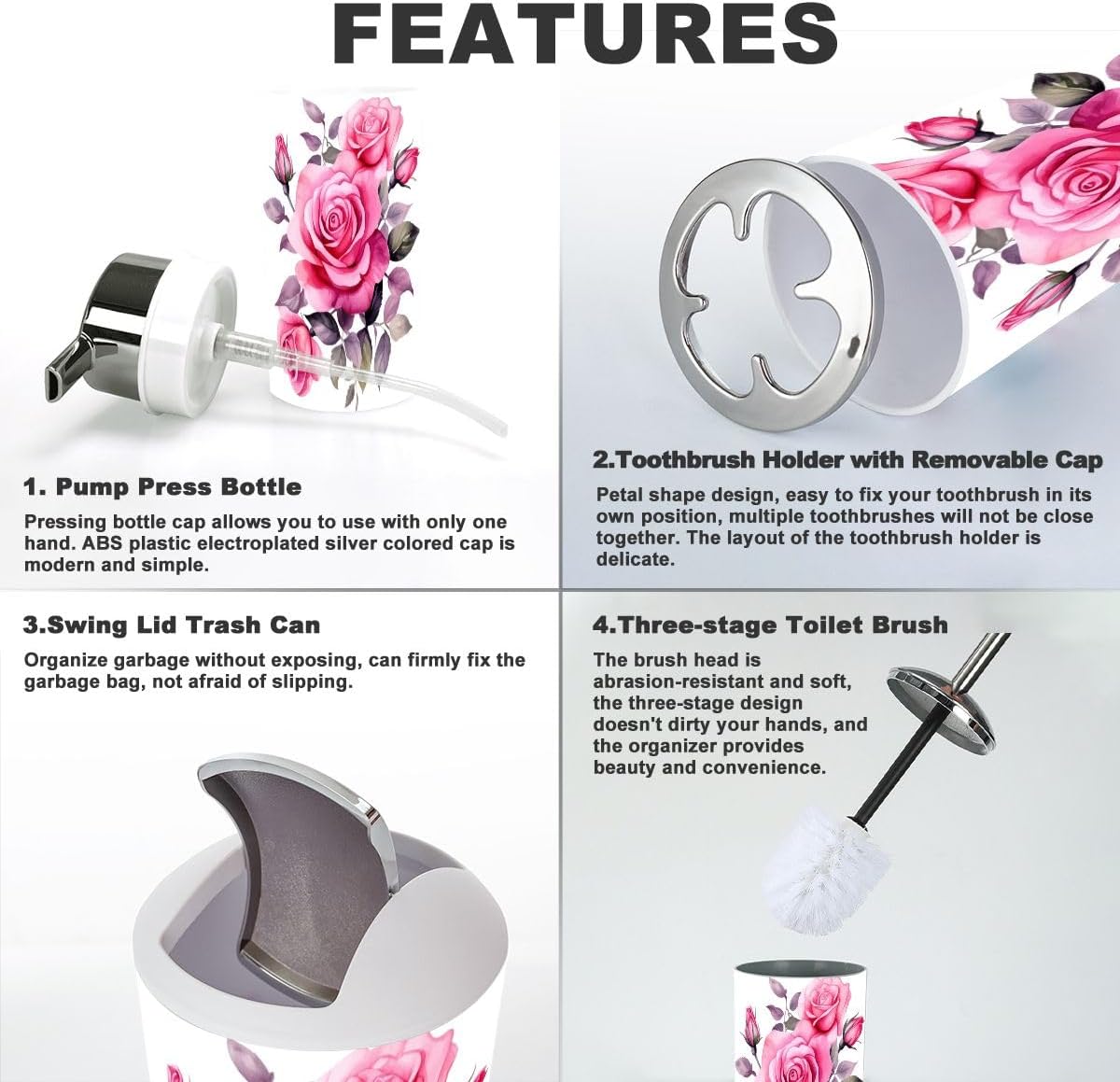 Pink Rose Flower Bathroom Accessory Set 6 Piece