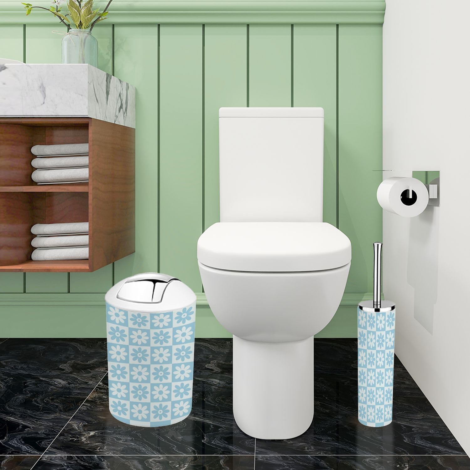 Boho Light Blue Checkered Bathroom Accessory Set 6 Piece 1