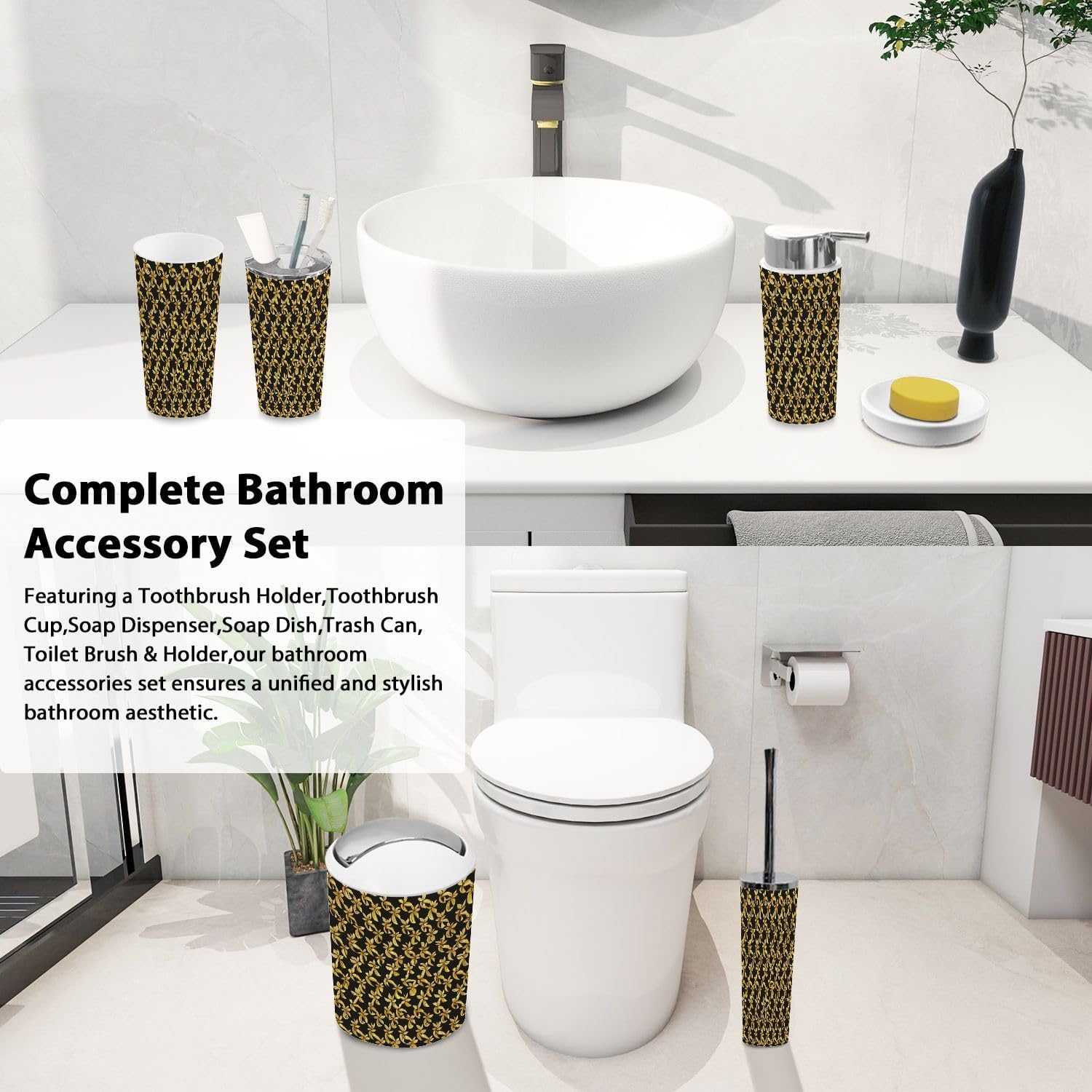 TRANQDEHOM 6 Piece Boho Golden Bathroom Accessory Set