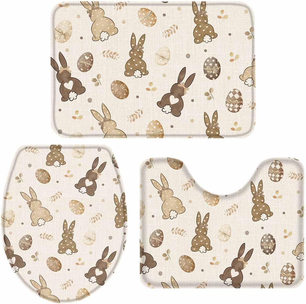 Wotrend Easter Bath Rugs Set Love Heart Brown Bunny Egg Linen Texture