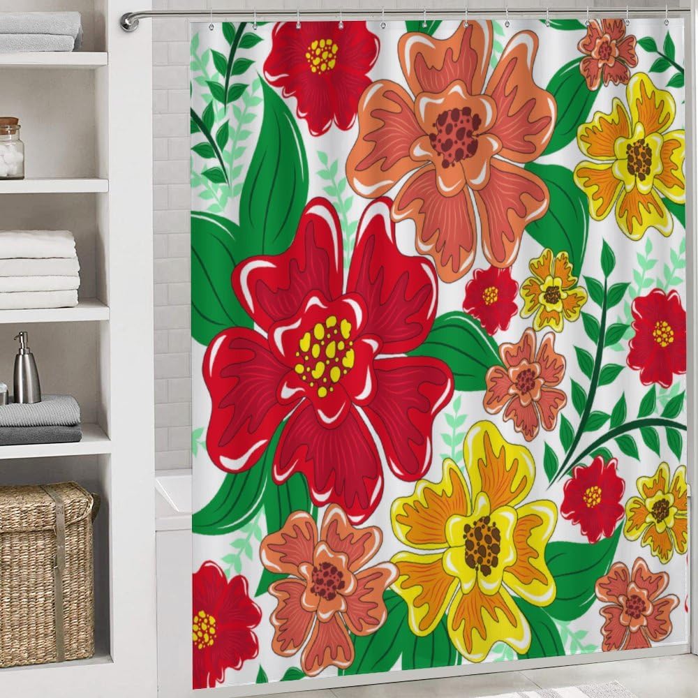 Kuizee 4-Piece Floral Shower Curtain Set with Non-Slip Rugs 1