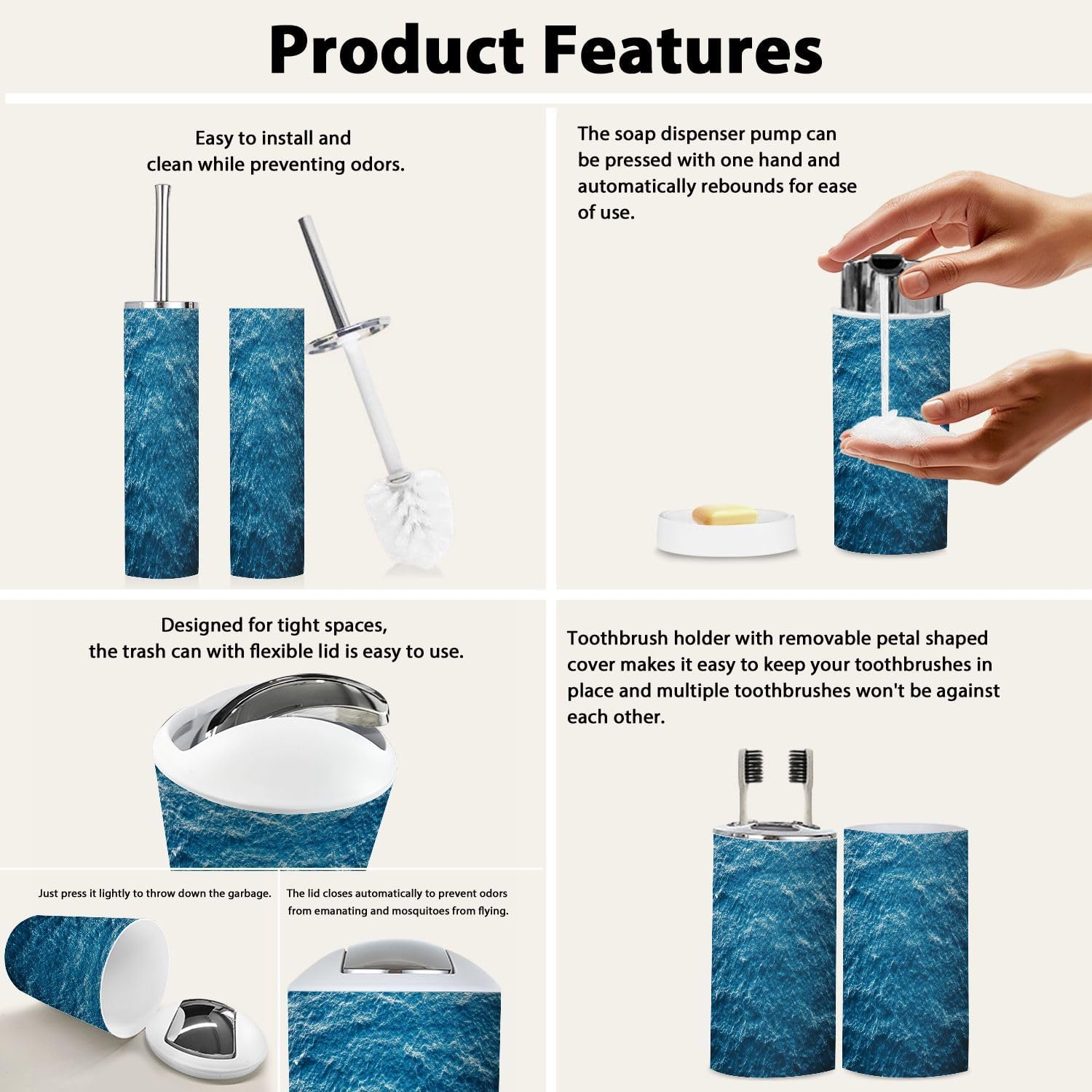 Boho Blue Sea Water Bathroom Accessory Set 6 Piece 1