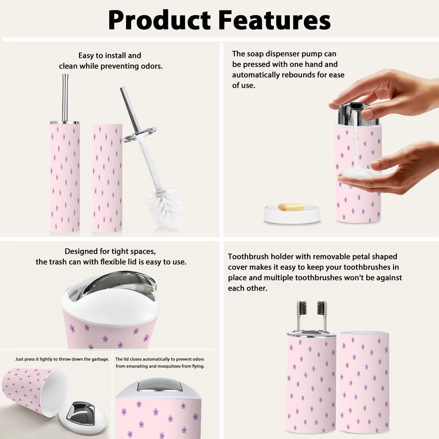 Boho Cute Tiny Flowers Bathroom Accessory Set 6 Piece