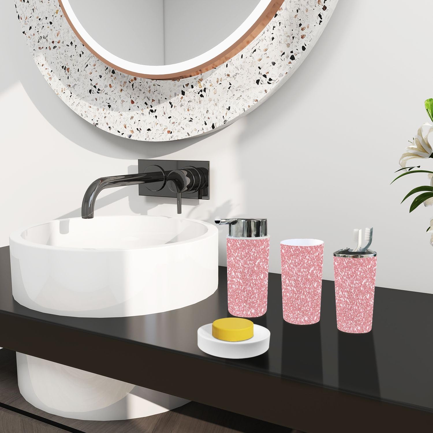 Boho Rose Gold Glitter 6-Piece Bathroom Accessory Set