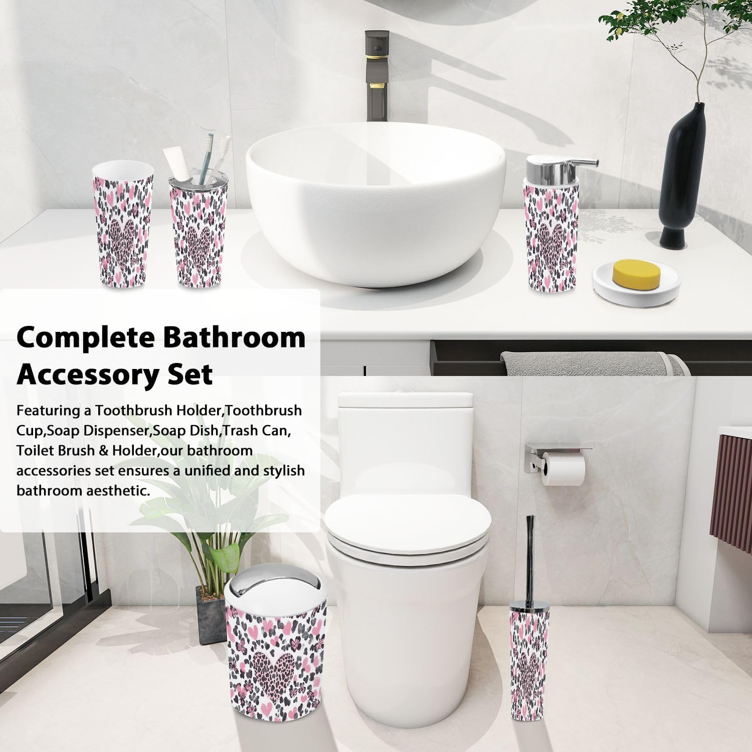 Boho Pink Bathroom Accessory Set of 6 Pieces
