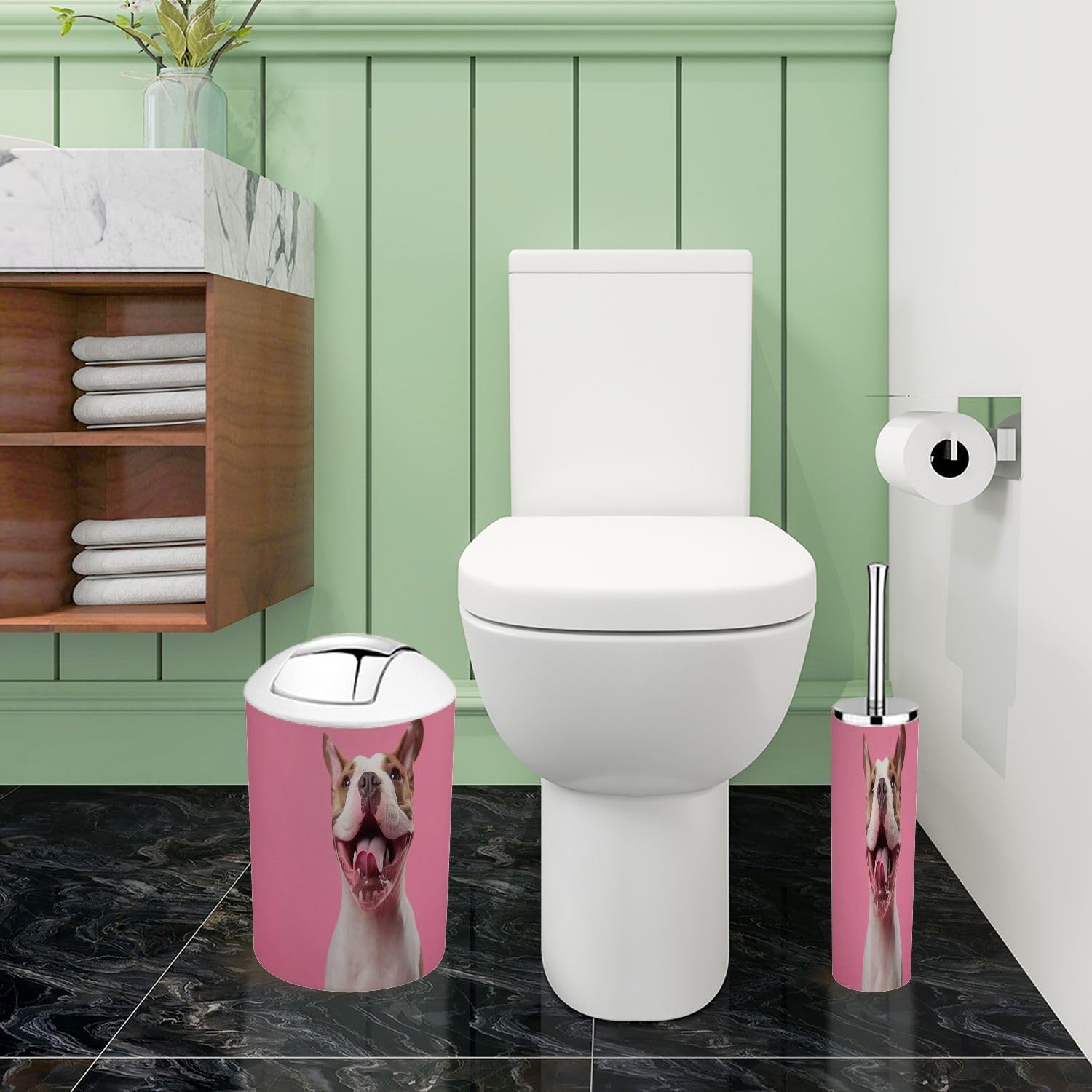 Boho Funny Bathroom Accessory Set with Pink Trash Can
