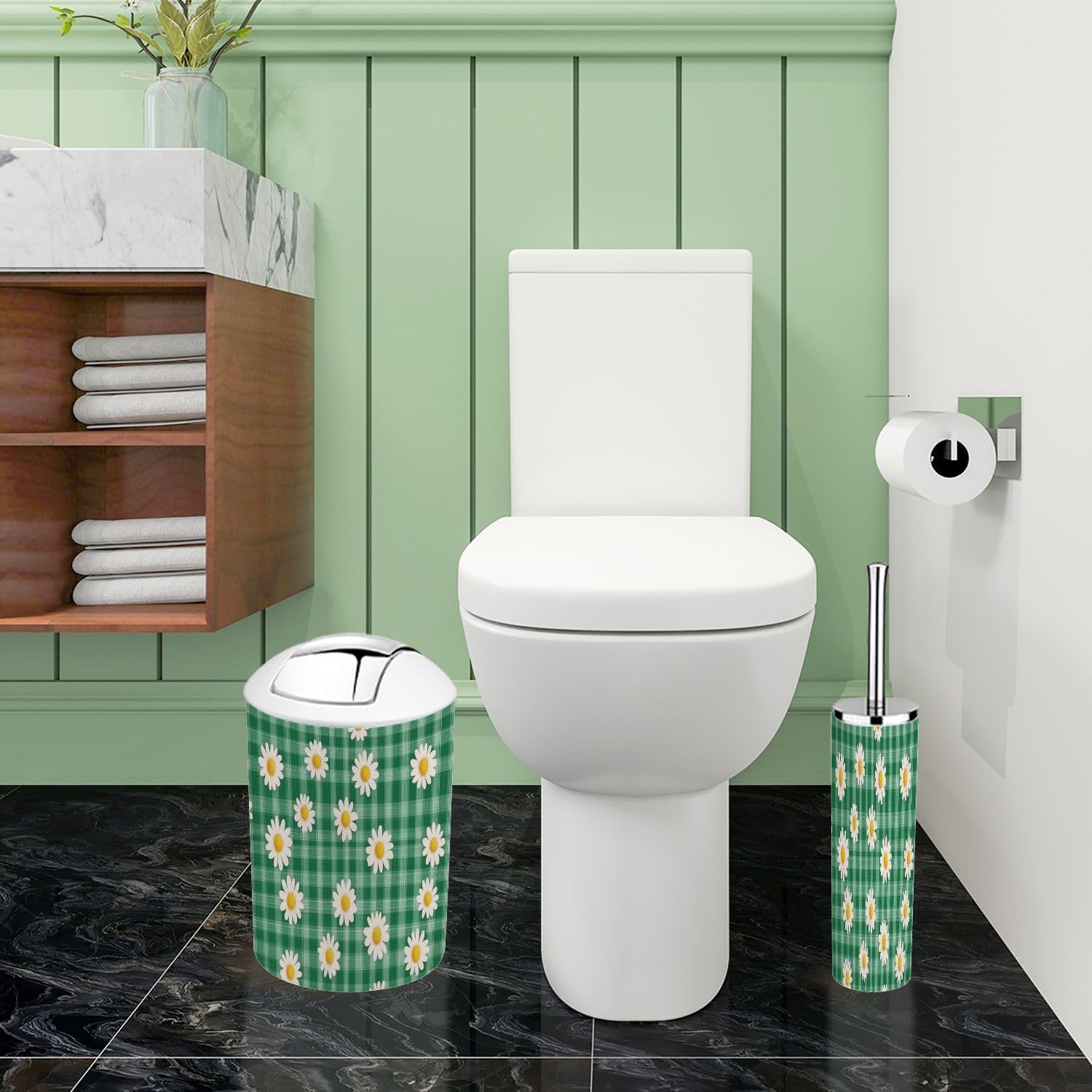 Boho Green Daisy Bathroom Accessory Set 6 Piece 1
