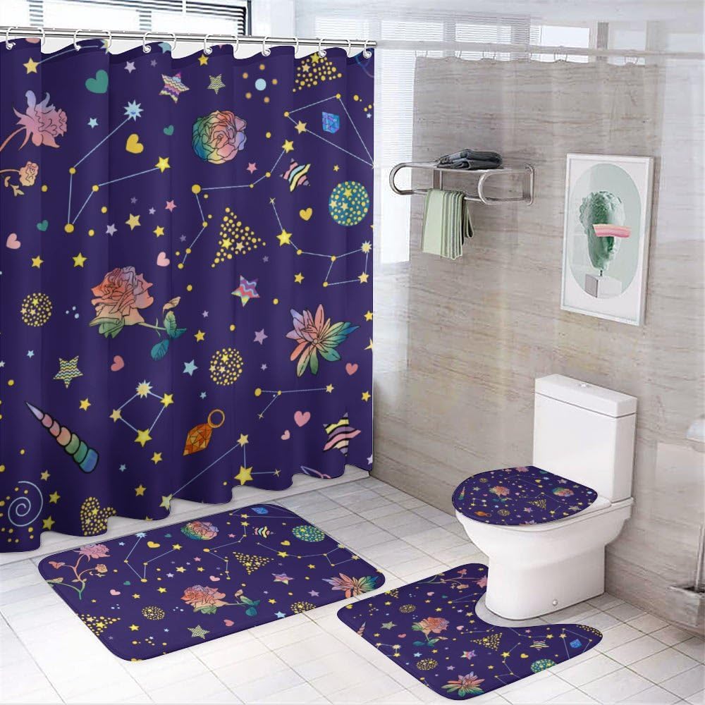Kuizee 4-Piece Shower Curtain Set with Rugs and 12 Hooks 1