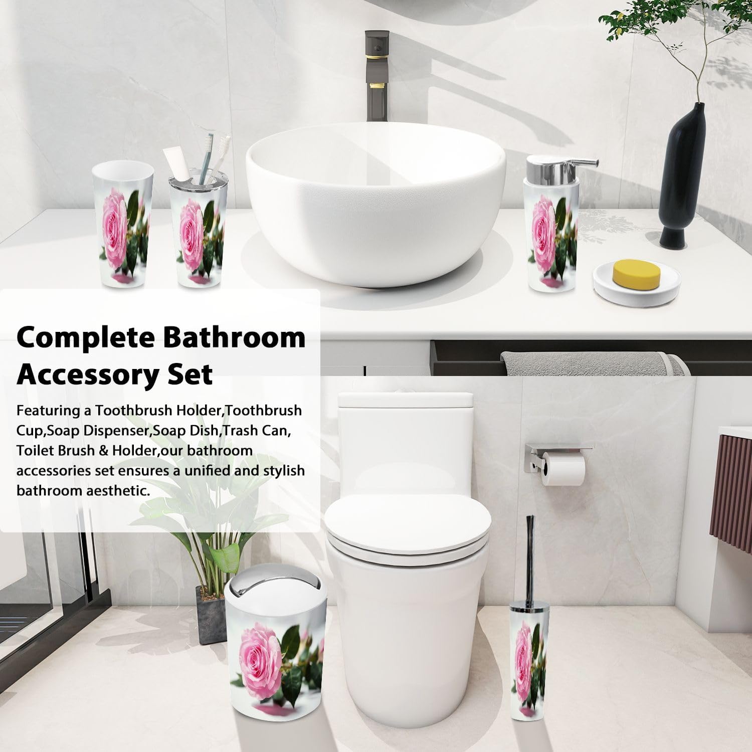 Boho Pink Roses Bathroom Accessory Set 6 Piece