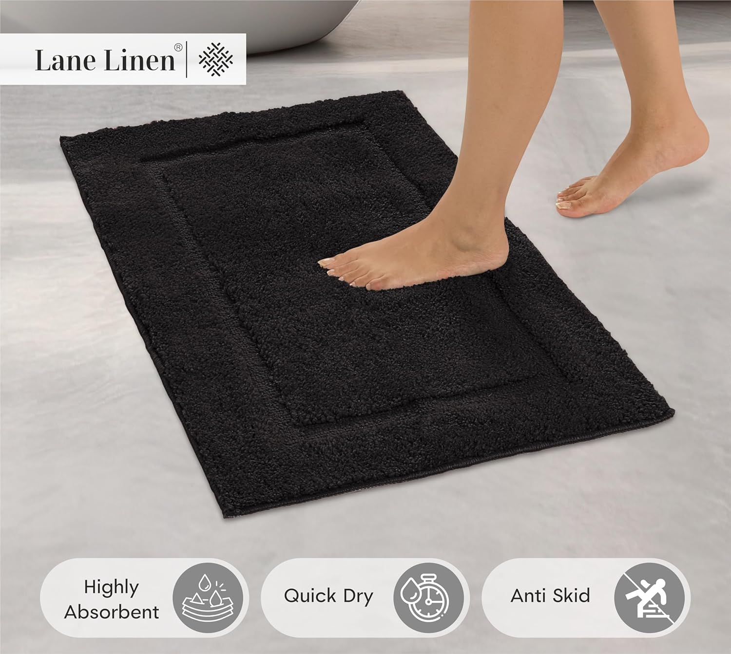 LANE LINEN 20 x 32 Non Slip Bath Mat - Black