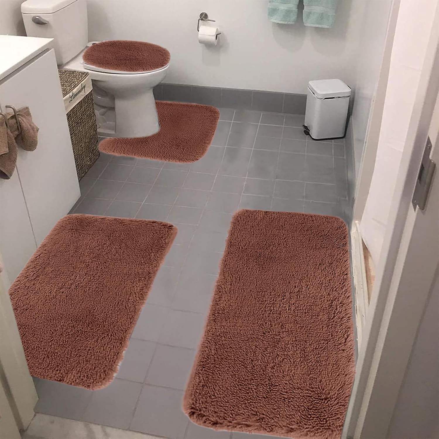 4 Piece Bathroom Rug Set with Non-Slip Mats and Toilet Cover