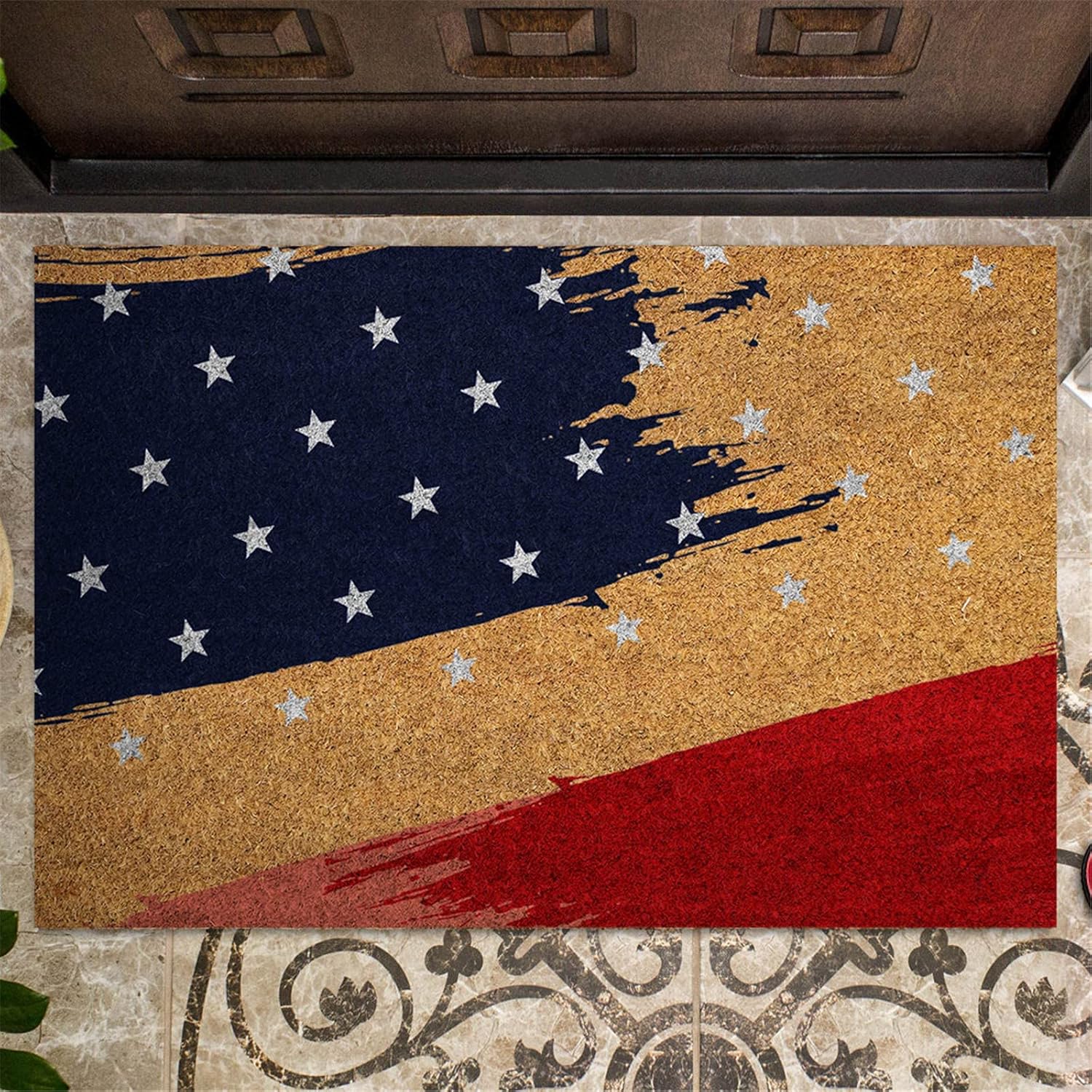 Patriotic Fourth of July Coir Doormat with Anti-Slip Design