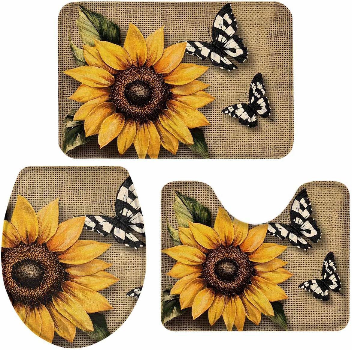 Wotrend Floral Bath Rug Set with Retro Yellow Sunflowers and Butterfly Pattern