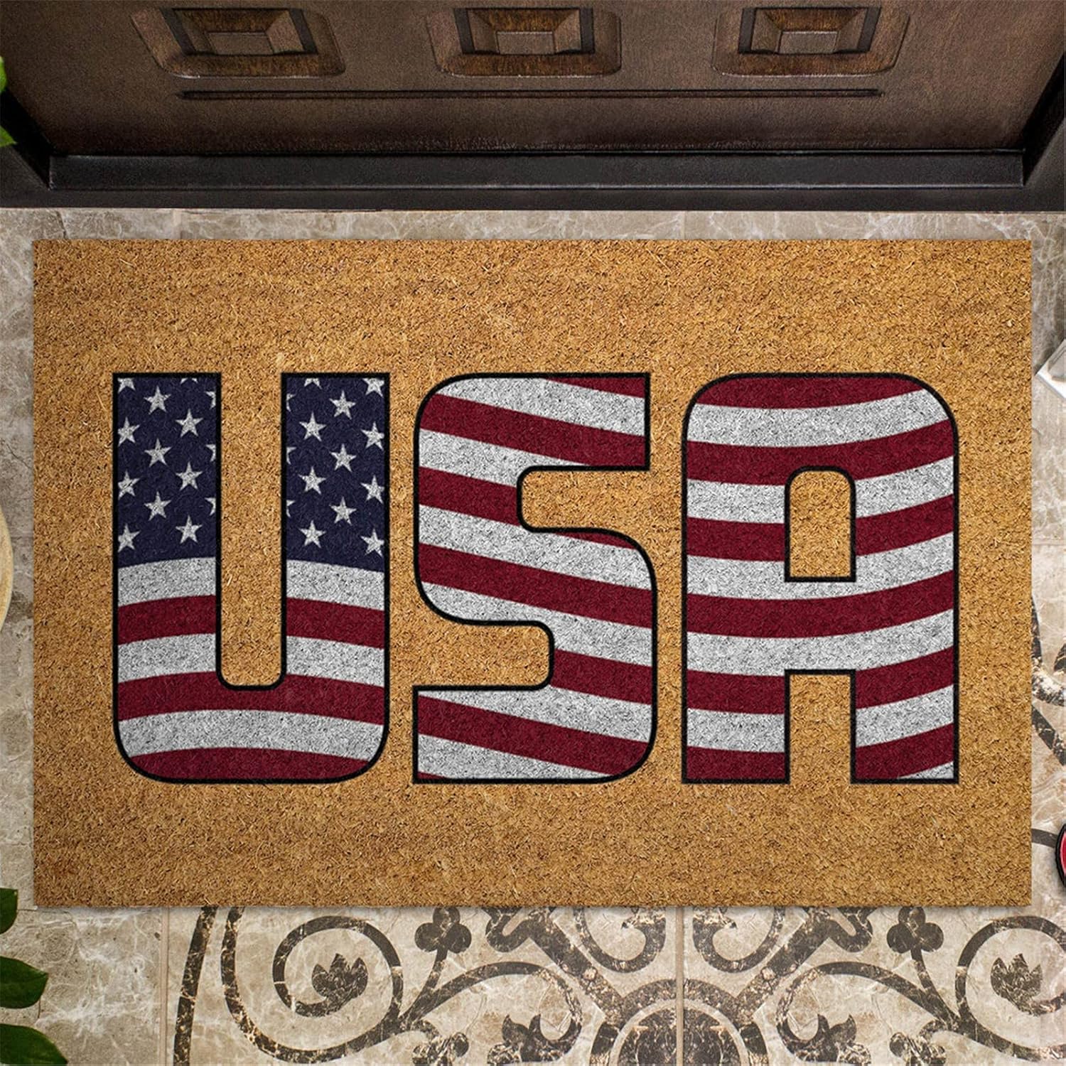 Patriotic Fourth of July Coir Doormat with Anti-Slip Design