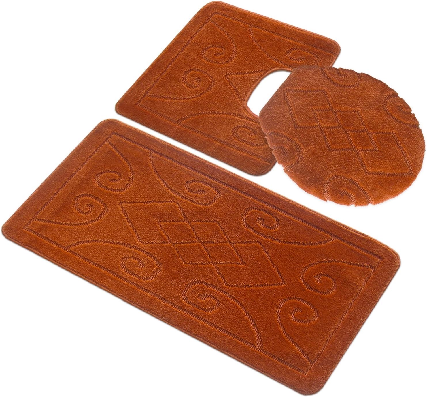 3 Piece Premium Bath Rug Set with Tile Design Orange