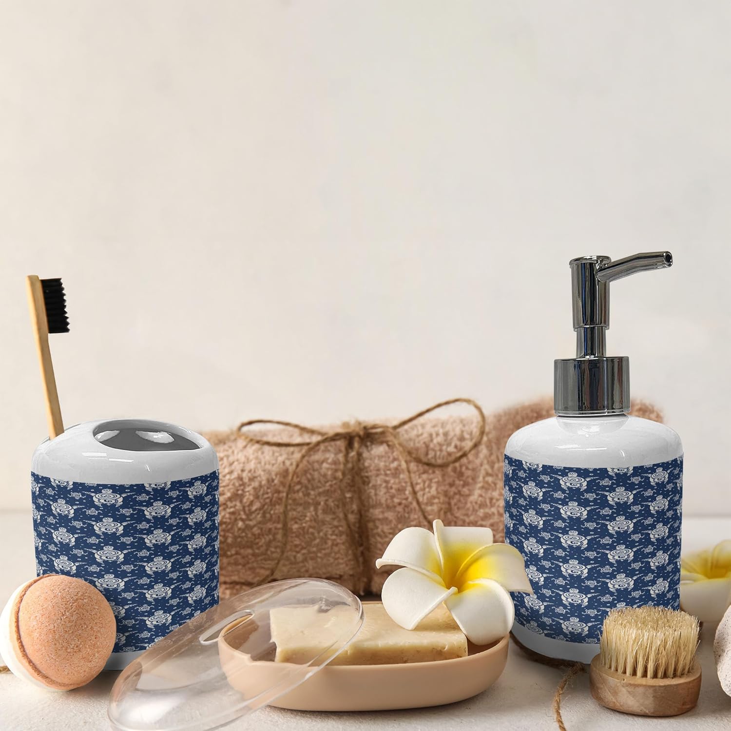 Ambesonne Turtle Soap Dispenser Toothbrush Holder Set